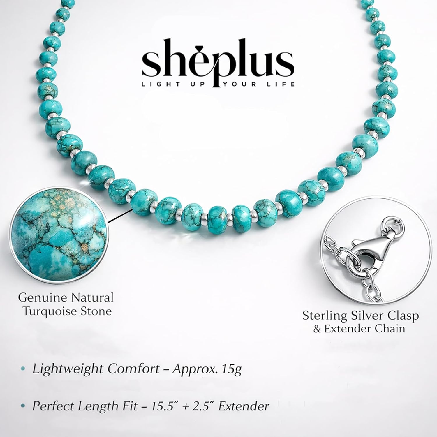 Sheplus Valentines Day Gift - 925 Sterling Silver Genuine Turquoise Beaded Choker Necklace Real Western Jewelry for Anniversary Wife - Image 5