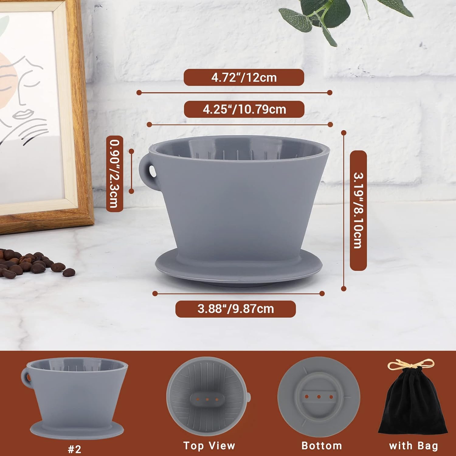 Segarty Silicone Coffee Dripper and Cone Filter Paper, 1PC Gray Pour Over Drip Coffee Maker Cup, 200 Count #2 Disposable Coffee Filters Paper