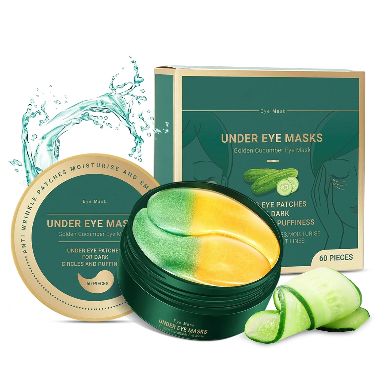 Gold Cucumber Under Eye Patches, 30 Pairs Hydrogel Eye Mask for Dark Circles & Wrinkles, Gold Eye Patches, Collagen Eye Patches, Gifts for Women and Men