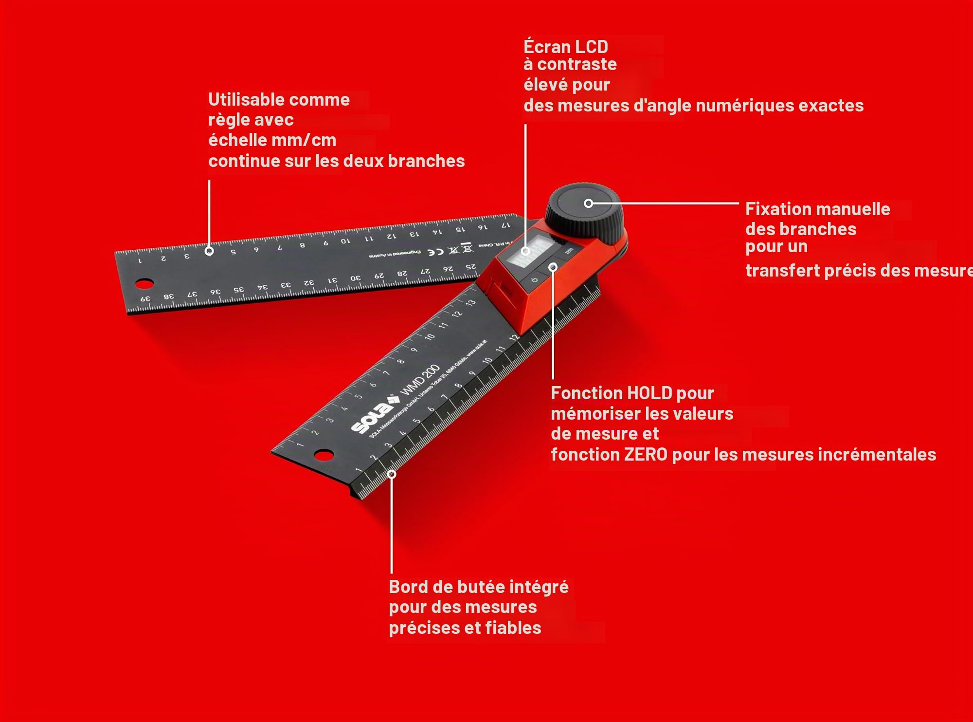 SOLA WMD 200 - Rapporteur numérique - Longueur 200 mm - Équerre avec affichage LCD pour des mesures d'angle précises - Équerre de menuisier numérique - Rapporteur d'angle avec règle pour le travail du