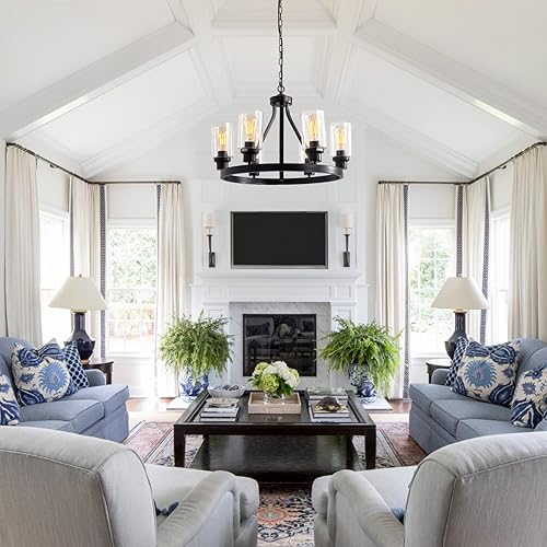 Miniatura 6 de 6-Light Farmhouse Chandeliers for Dinning Room, Rustic Round Chandelier Lighting fixtures, Black Wagon Wheel Chandelier with Glass Cover for Foyer,