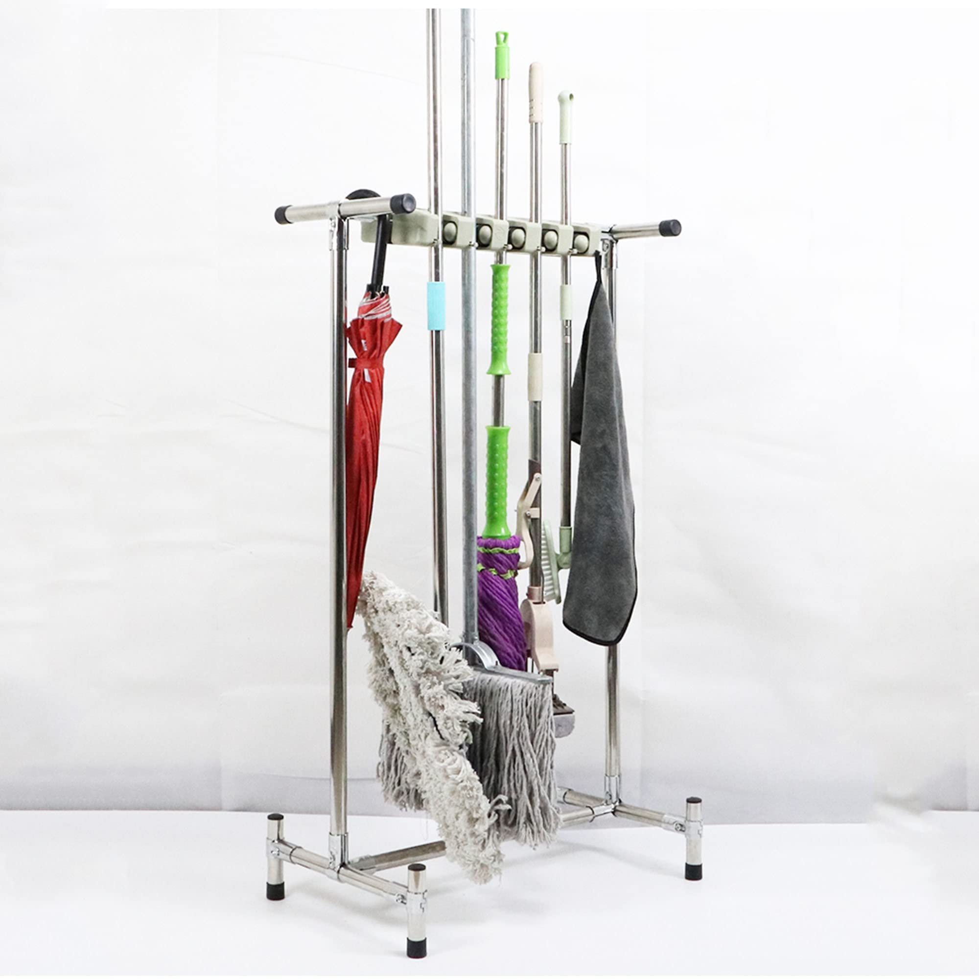 Beweglicher Edelstahl Besenhalterung,Bodenmontierter Besen und Mopphalter,Gartengerätehalter,Reinigungswerkzeu Garagenwerkzeug-Aufbewahrungsständer,Mop-Abflussregal,Mopp Besen Halter Veranstalter ( Si