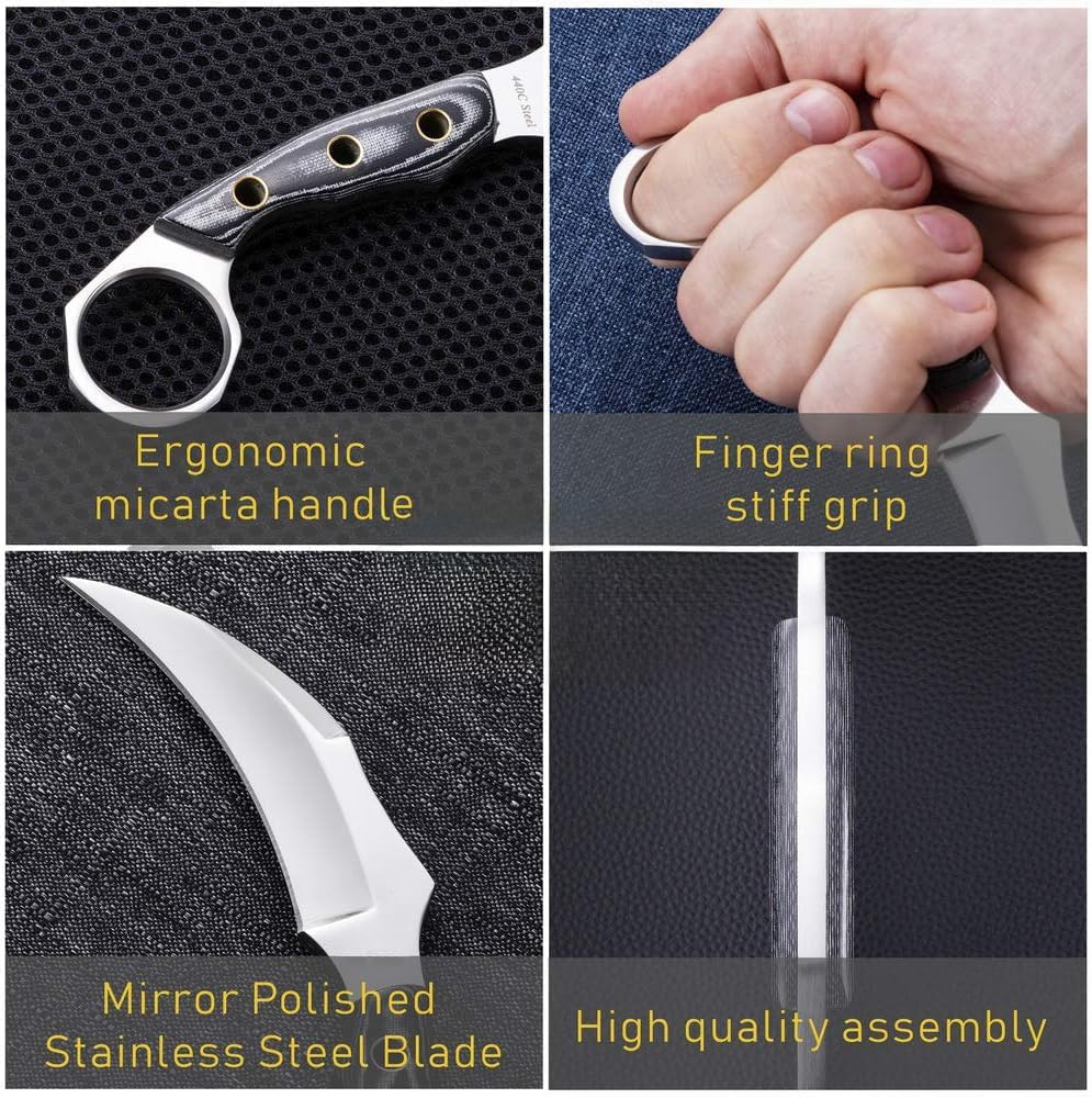 Grand Way Tanto Camping Knife with Sheath – 3+ Colors – 5.9" Fixed Full Tang Mirror Polished Blade – Tactical Karambit Knife with Sheath – Micarta Handle – Fixed Mirror Polished 440C Steel Blade