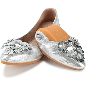 KUNWFNIX Women Ballet Flats Rhinestone Wedding Ballerina Shoes Foldable Sparkly Comfort Slip on Flat Shoes 10.5 #A7-silver