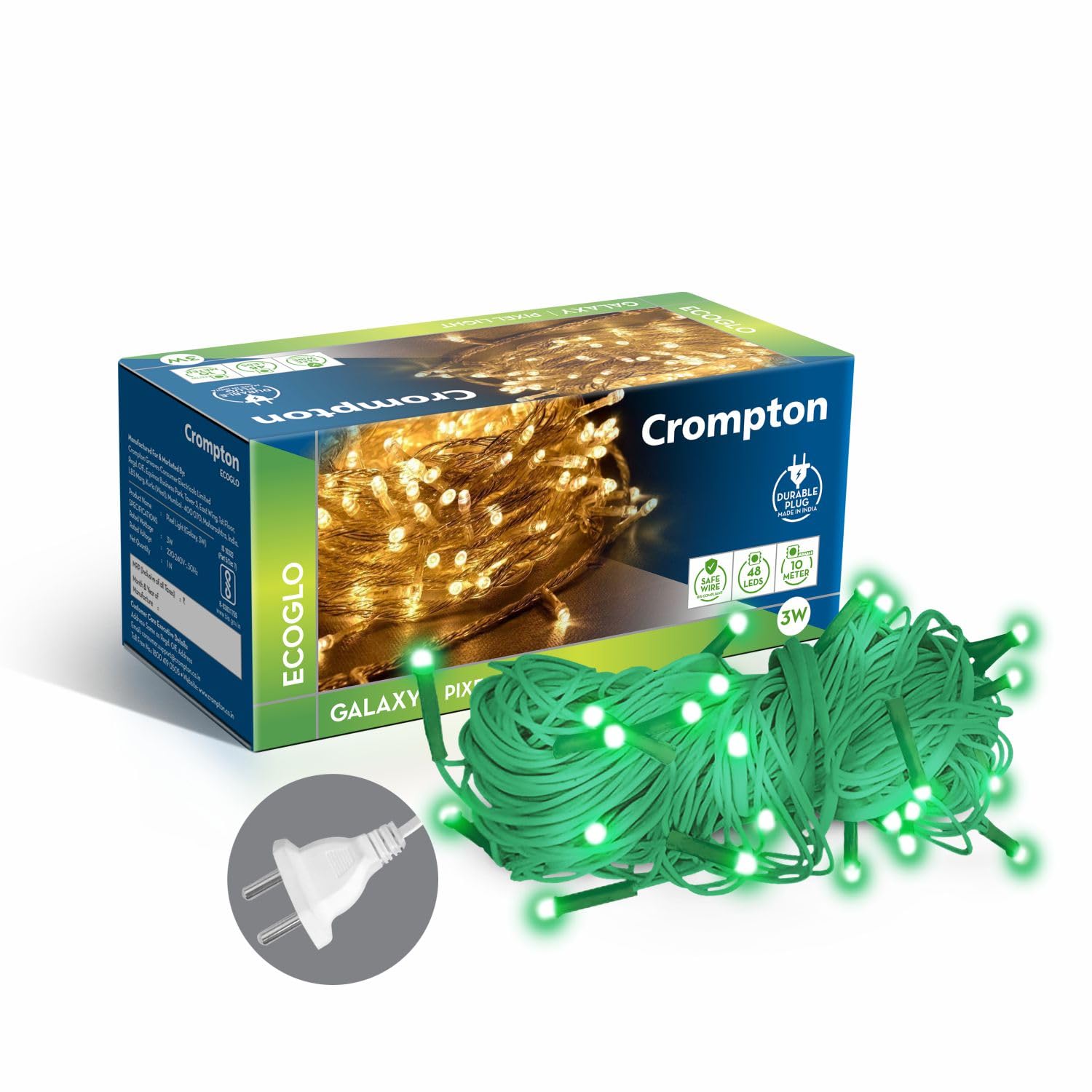 Crompton Galaxy Pixel Light | Festive Ladi Lights | 10 Meter | 48 LEDs | Green | Pack of 1 | Direct 2-pin Plug | BIS Safe Wire | for Home Decoration, Diwali, Festival, Birthday, Marriage