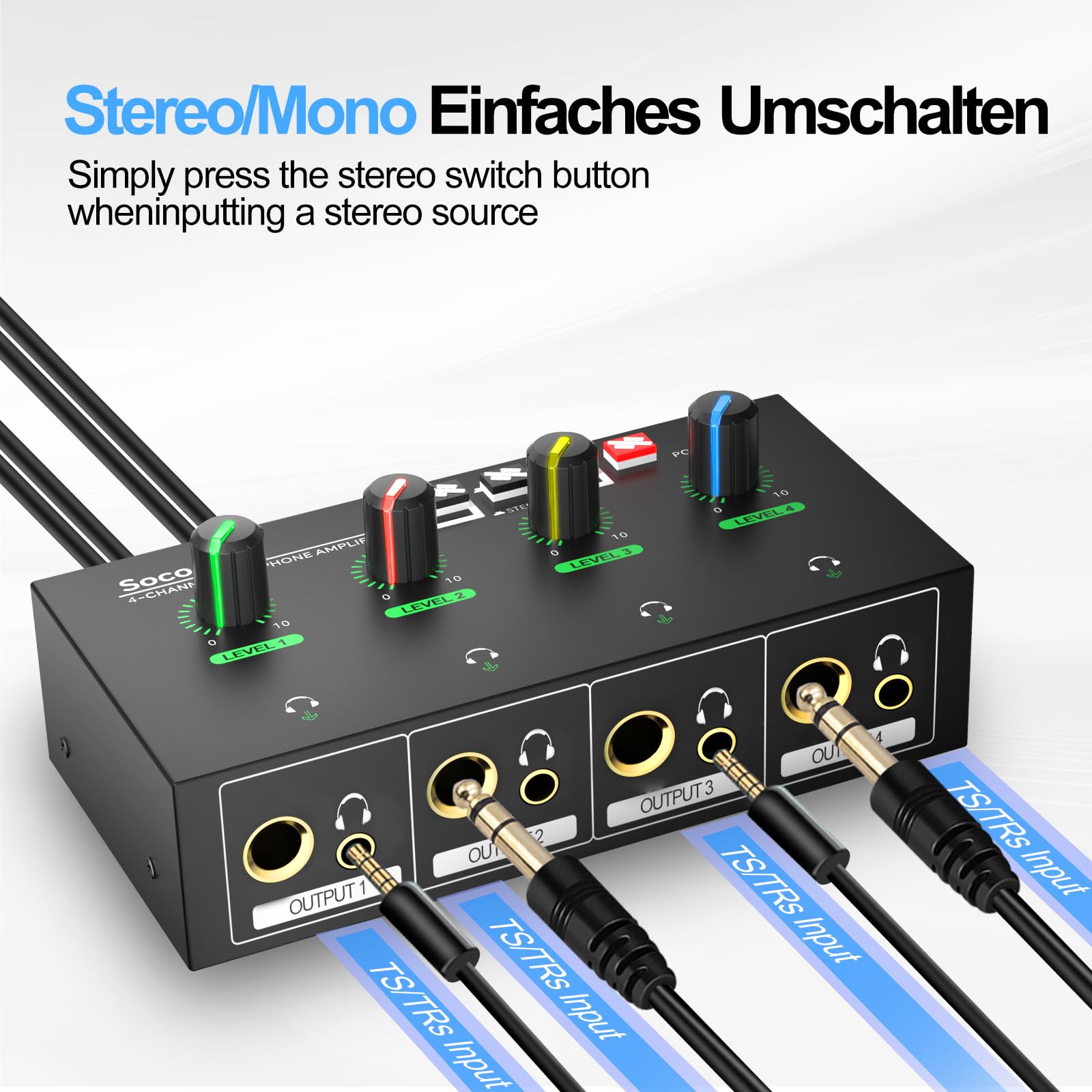 4-Kanal Kopfhörerverstärker, Kompakter Metall-Stereo-Kopfhörermischer mit 6,35 mm, 3,5 mm & RCA Eingängen, TRS Ausgängen, Stummschaltfunktion und coolem Licht, DC 12V - 14x7x3.1 cm