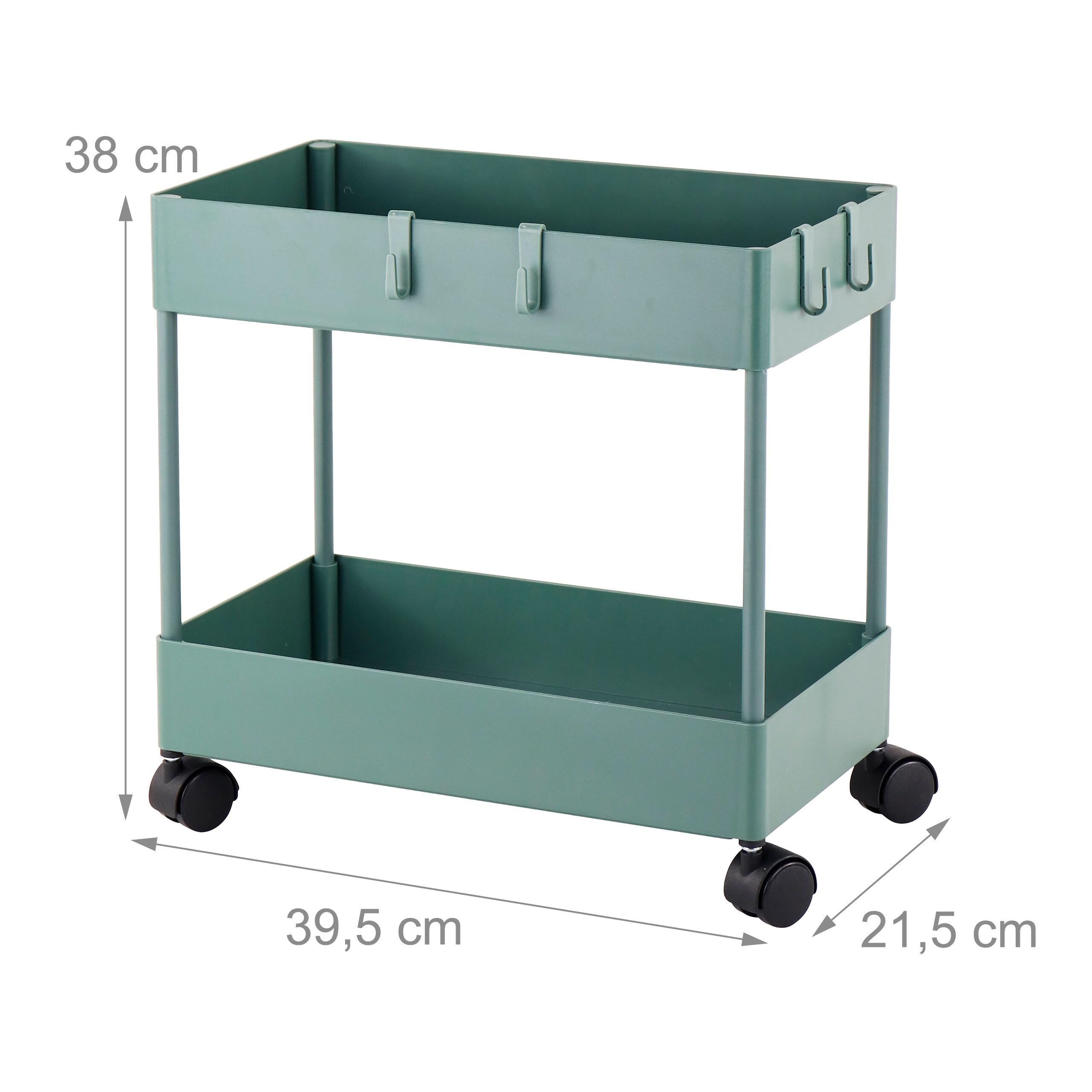 Relaxdays Carrello su ruote, 2 ripiani, verde | Carrello da cucina/servizio per bagno e ufficio, 38x39,5x21,5 cm