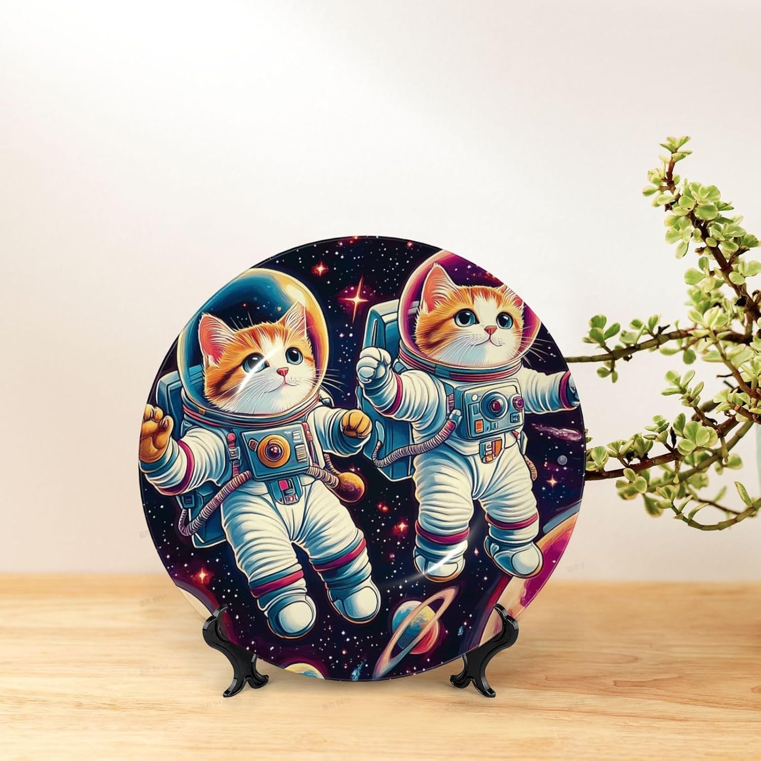 Astronauts Cats In Space Style Ceramic Plate Display Home Display With Stand Wall Hanging Plate For Home Decor 10 Inch