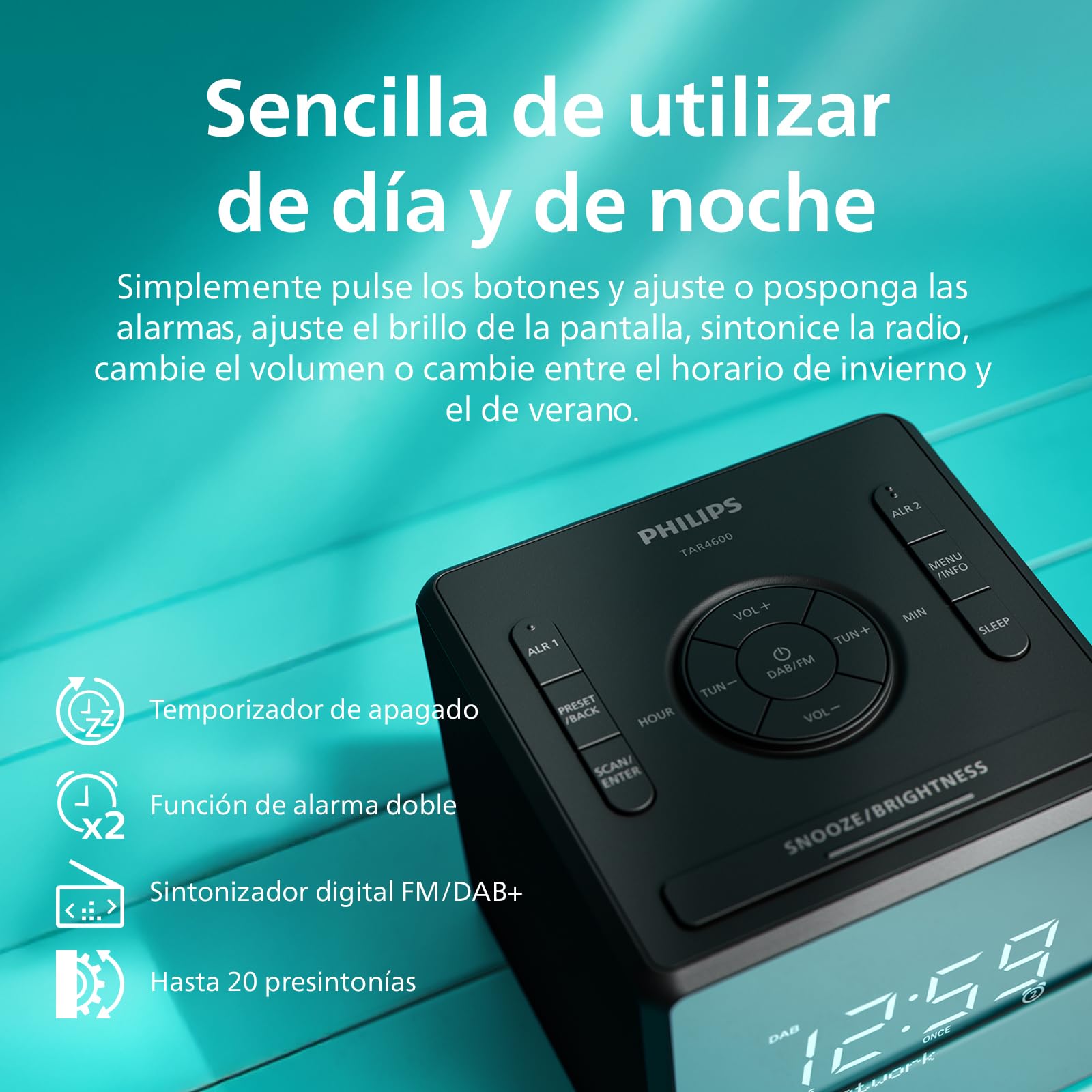 Philips TAR4600 Radio Reloj Dab/FM con Alarma Doble y Puerto de Carga USB-C