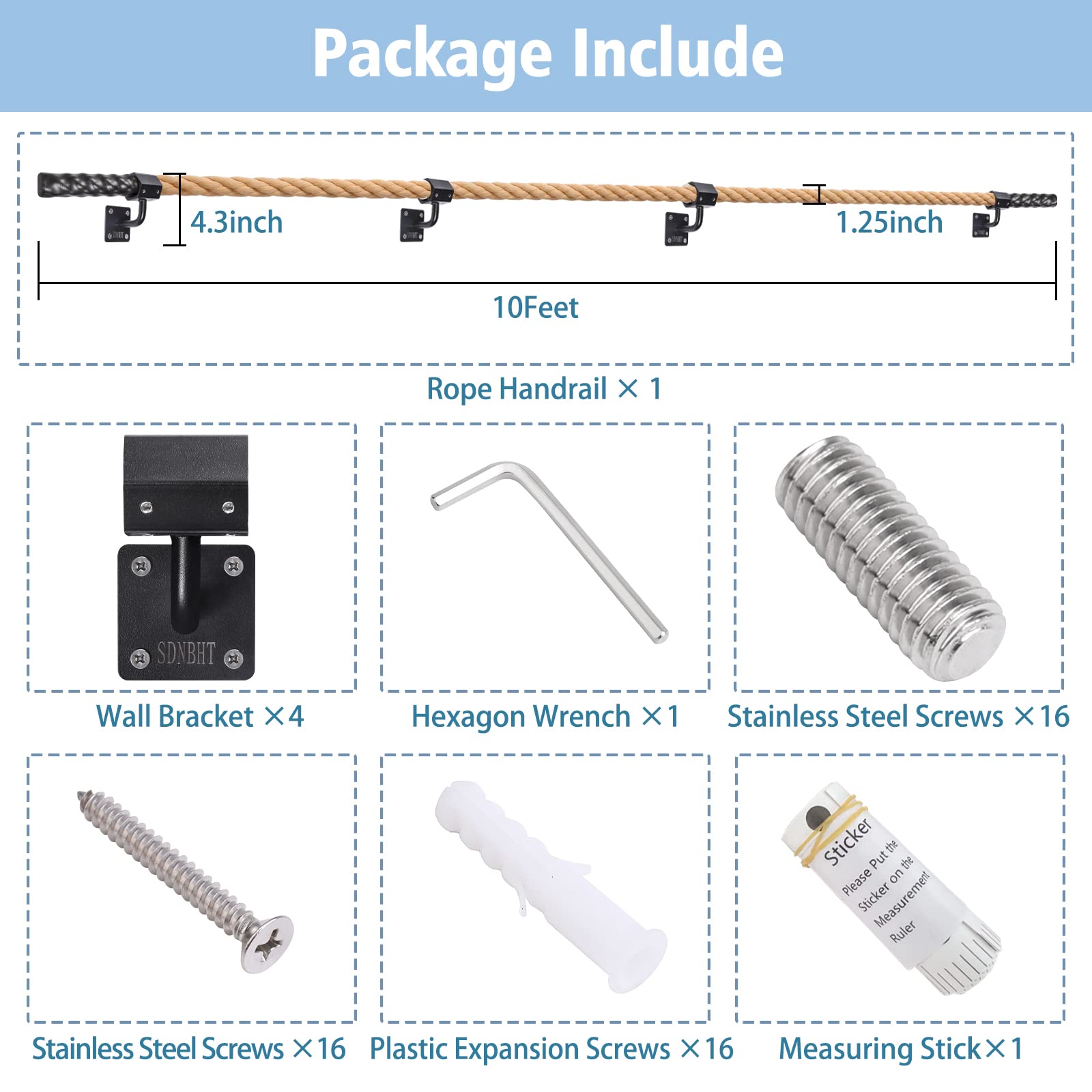 SDNBHT Staircase Handrail 10ft Stair Railing Handrail for Indoor or Outdoor Stairs Industrial Handrail Staircase Steps 400LBS Load Capacity Hemp Rope Wall Handrail with Wall Mount Support(10Feet, 1)