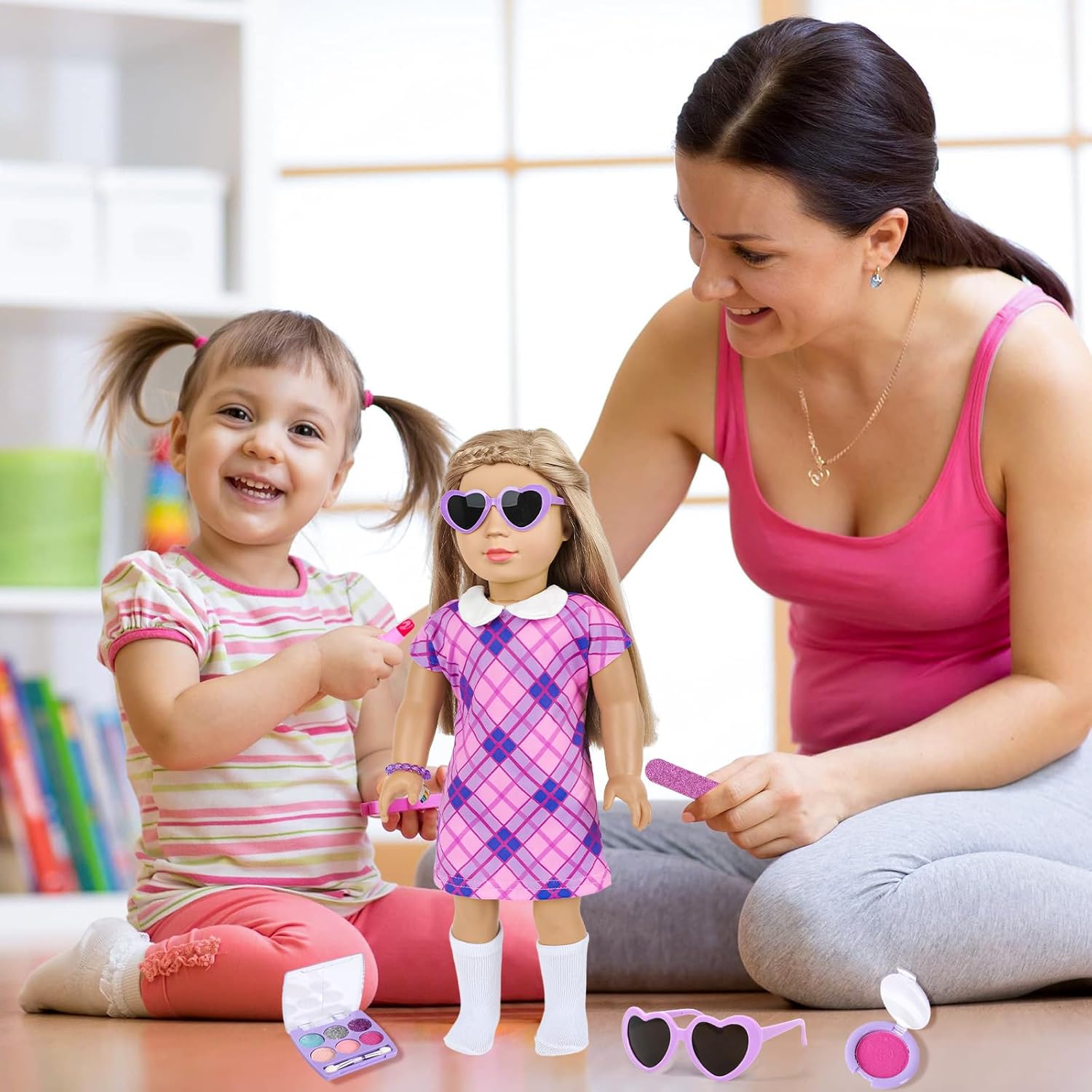 ZNTWEI American 18 Inch Doll Clothes and Makeup Accessories Playset Fit 18 Inch Doll Includes Dolls Clothes Sunglasses Phone Eye Shadow Plate Bag Lipstick Bracelet Blusher Hairpins