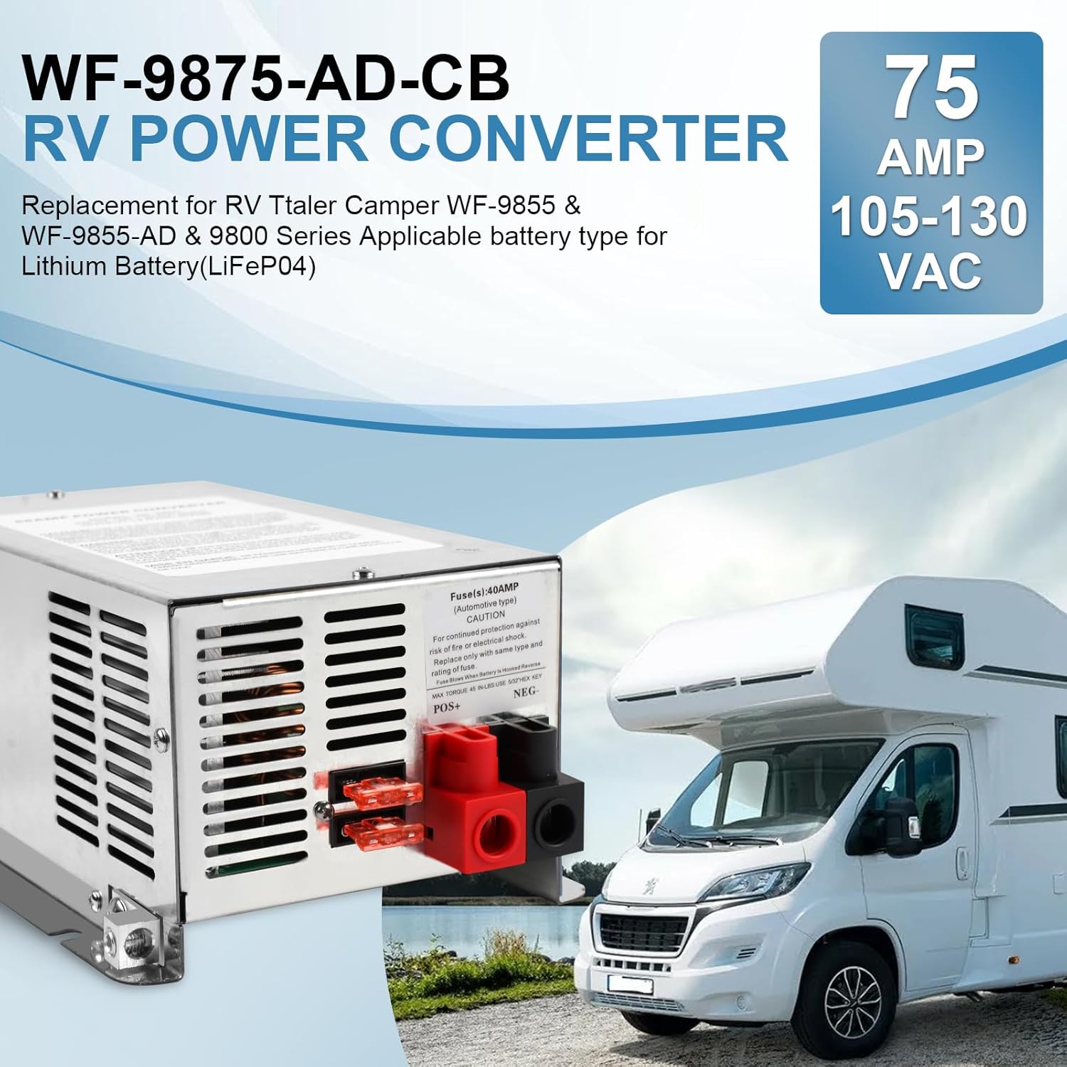 WF-9875 75 Amp RV Power Converter, Deck-Mounted Smart 3-Stage Power Charger, Replacement for WF-9800 Series WF-9875-AD-CB, WF-9875-MBA Power Converter for RV Camper Trailer Motorhome