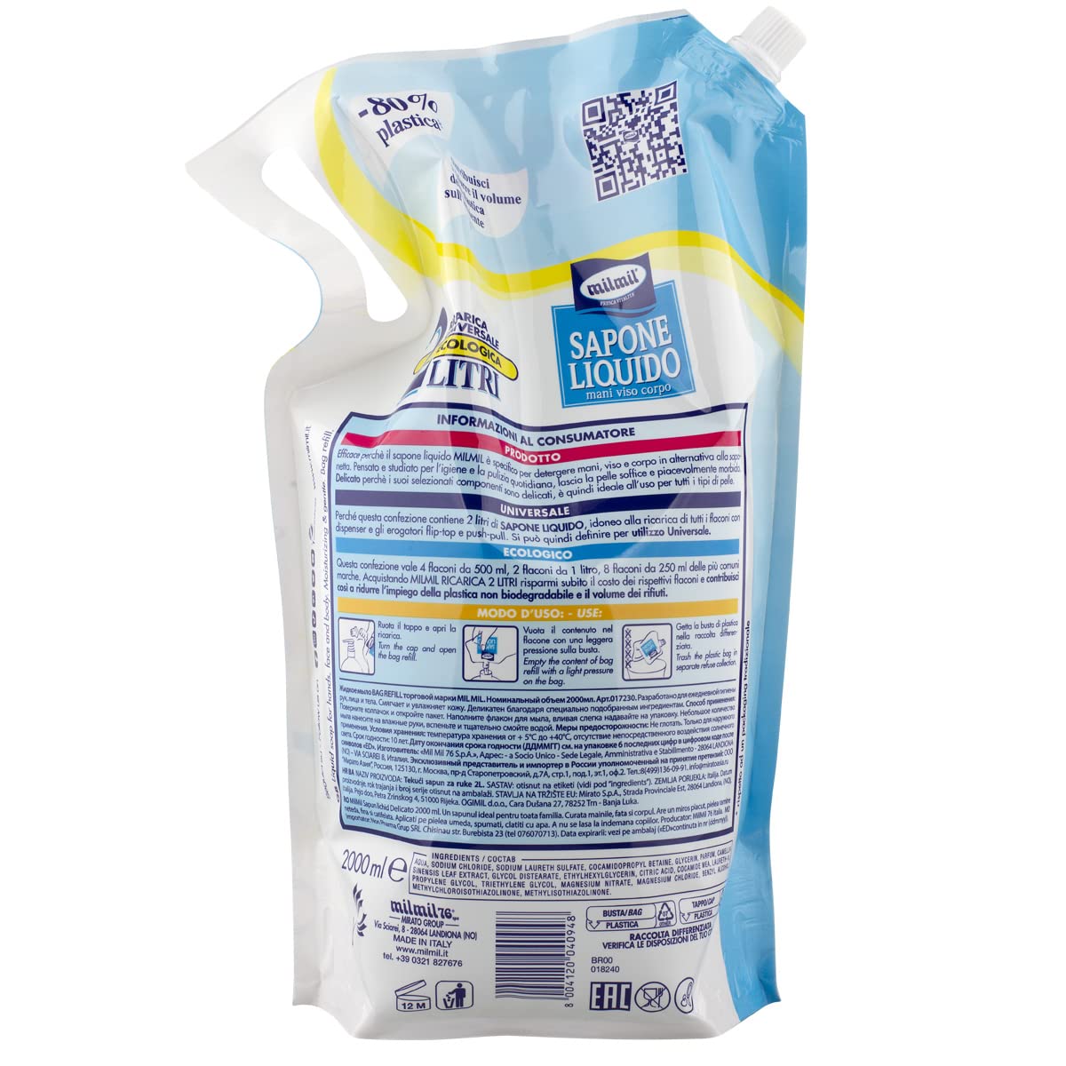 Milmil Sapone Liquido Neutro, Ricarica Universale Maxirisparmio, Dermatologicamente Testato con Antibatterico Naturale - 2000 ML