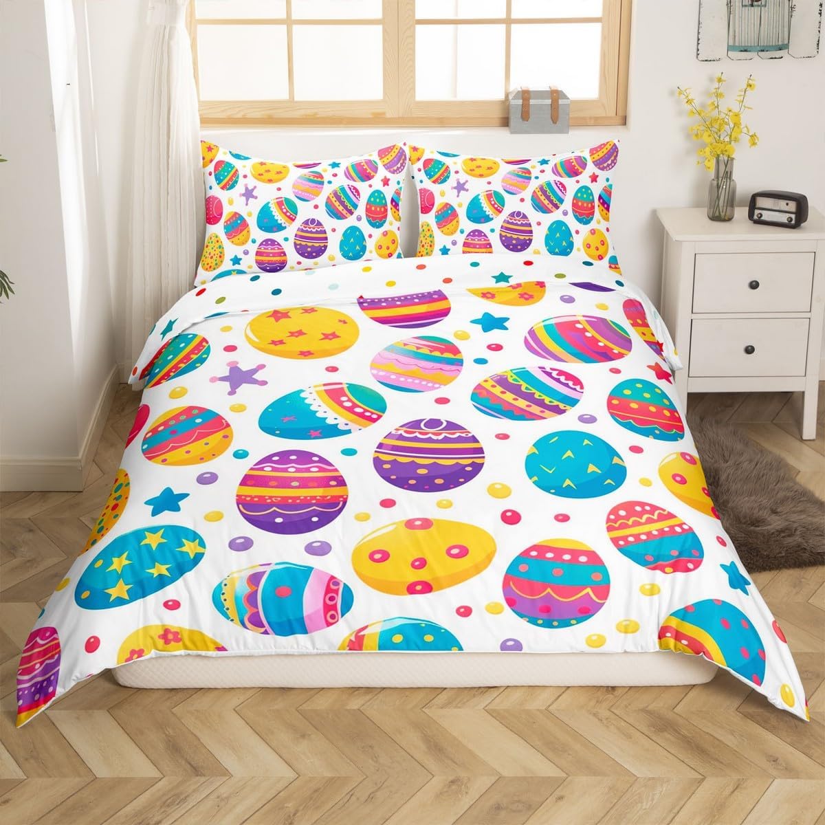 Erosebridal Easter Egg Toddler Size Comforter Cover, Happy Easter Theme Duvet Cover Watercolor Polka Dot Bedding Set for Kids Girls Boys Teens Women, Rainbow Cartoon Bed Set with 1 Pillow Case