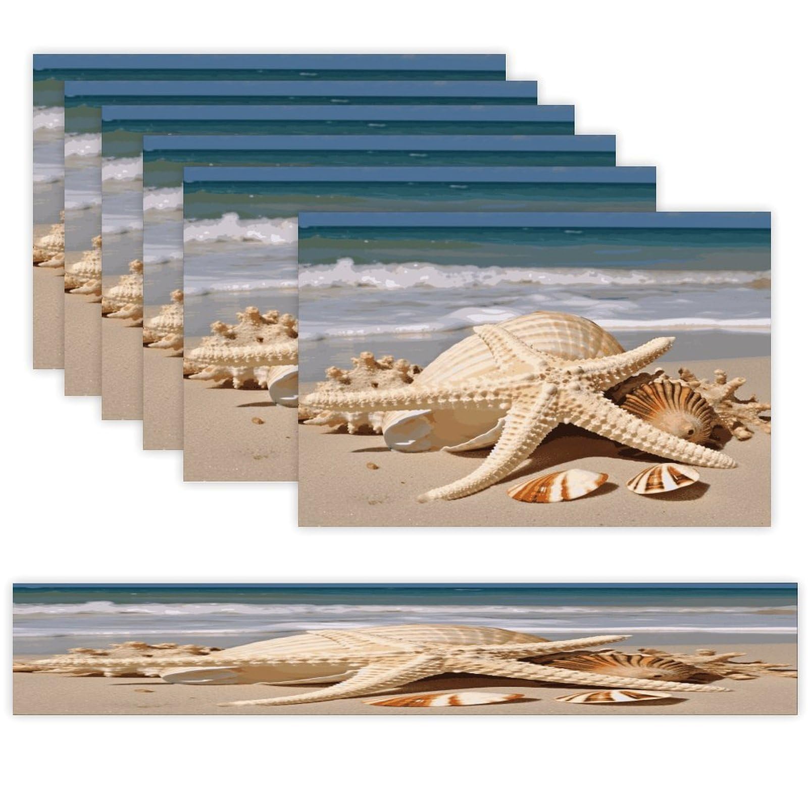 Large Seashell Starfish Table Runner and Placemats Set of 6 Heat Resistant Washable Table Runners Dining Mat Sets Modern Cloth Place Mats Linen Table Decor for Kitchen Dining Room