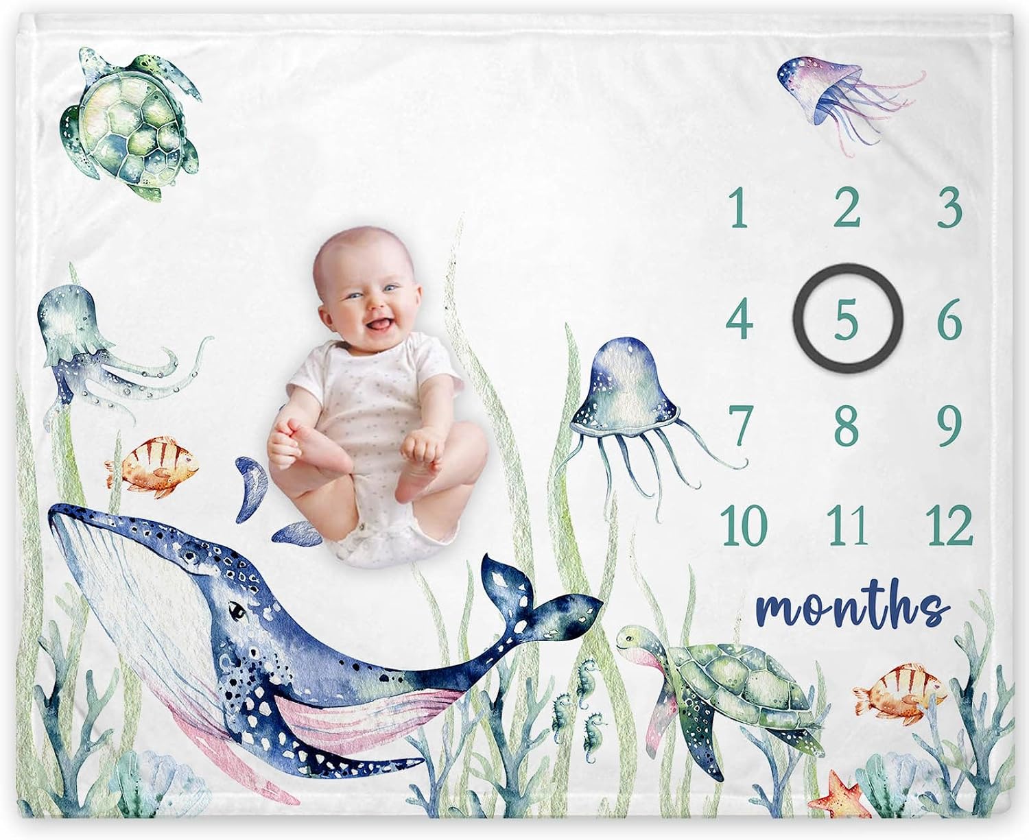 Yuzioey Under The Sea Baby Milestone Blanket for Boy, Ocean Baby Growth Chart Monthly Blanket, Watch Me Grow Boy Nursery for New Moms Shower(50"x40")