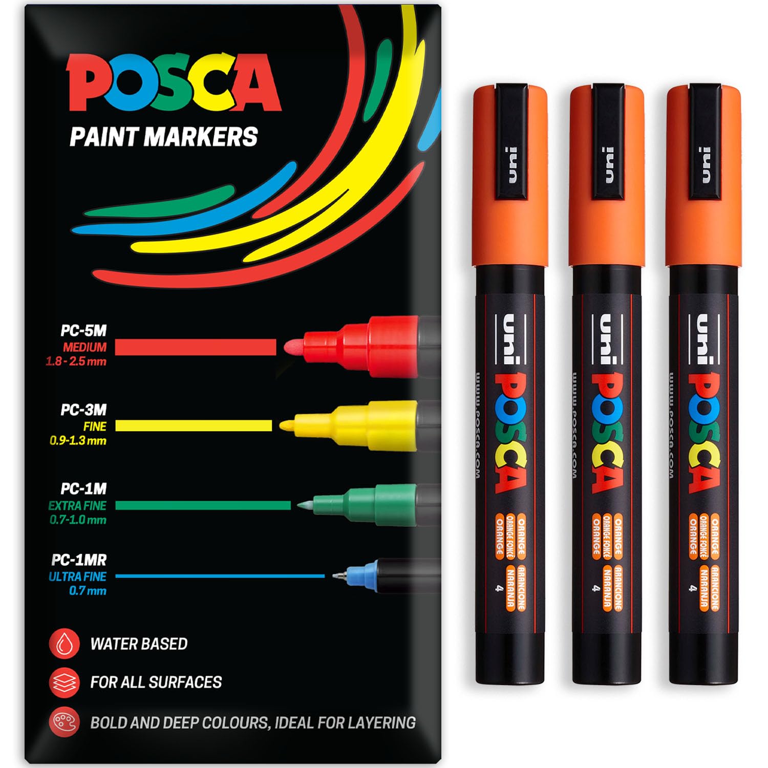 Posca Water Based Acrylic Paint Marker Pens | Multi Surface Use Permanent Paint Pen | Pack of 3 Pens in Envelope Gift Packaging | Glass, Fabric, Canvas, Wood etc | PC-5M, Orange