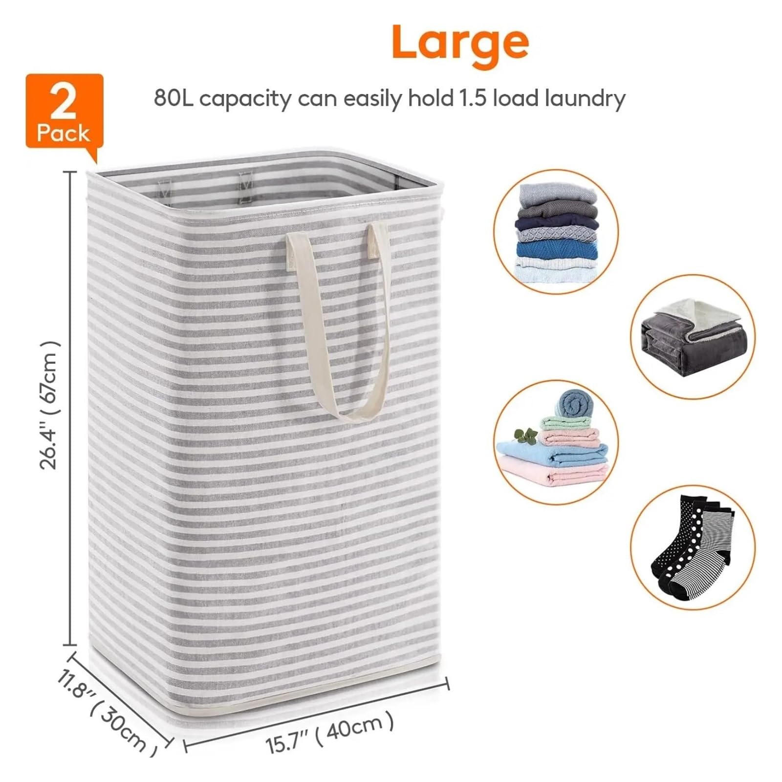 Zusammenklappbarer 80-Liter-Wäschekorb mit verstärkten Griffen(Light Grey)
