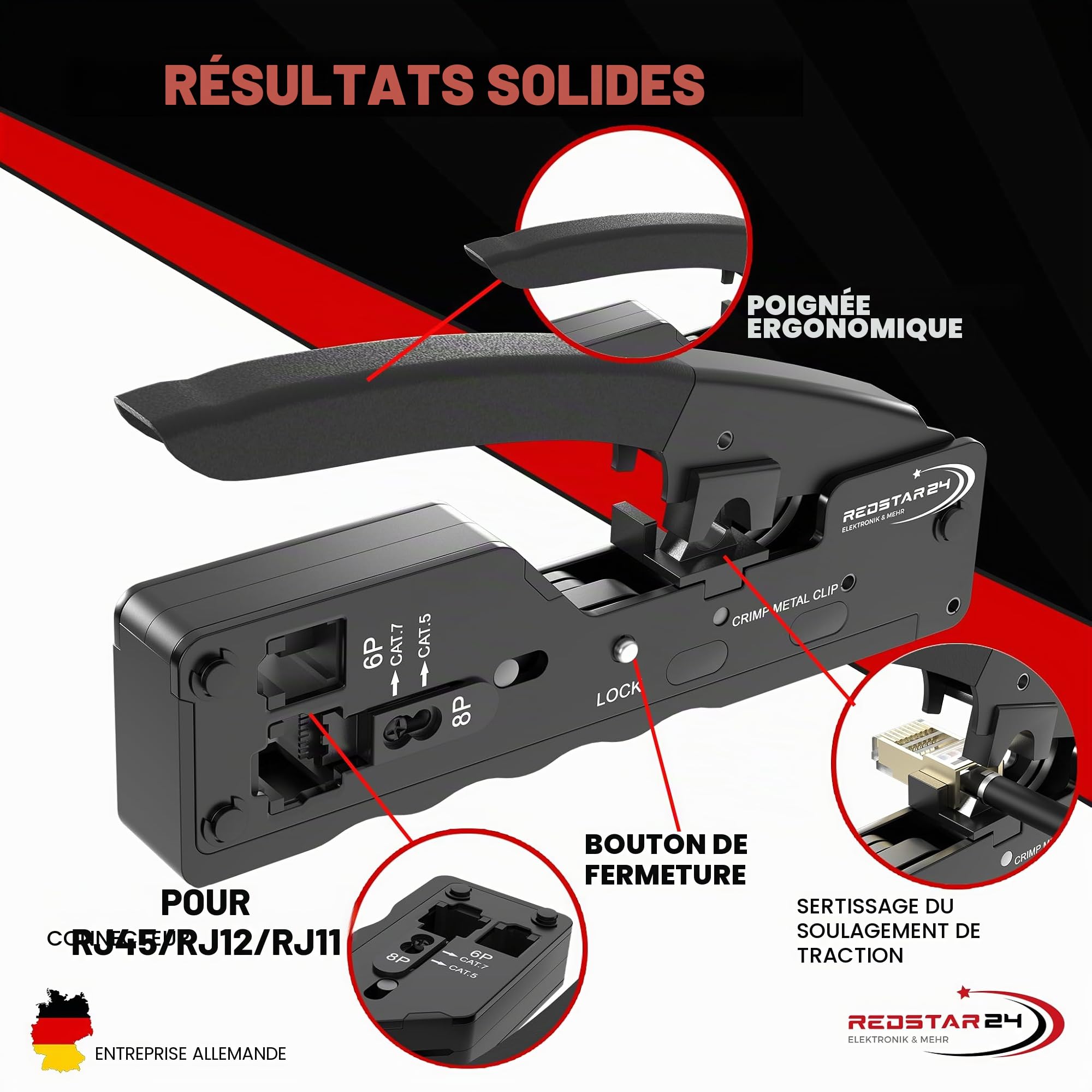 RedStar24 Kit Testeur de Câble RJ45 Pince Sertir Fiche Pass Through CAT7 Outil de Réparation Ethernet LAN 10 pièces
