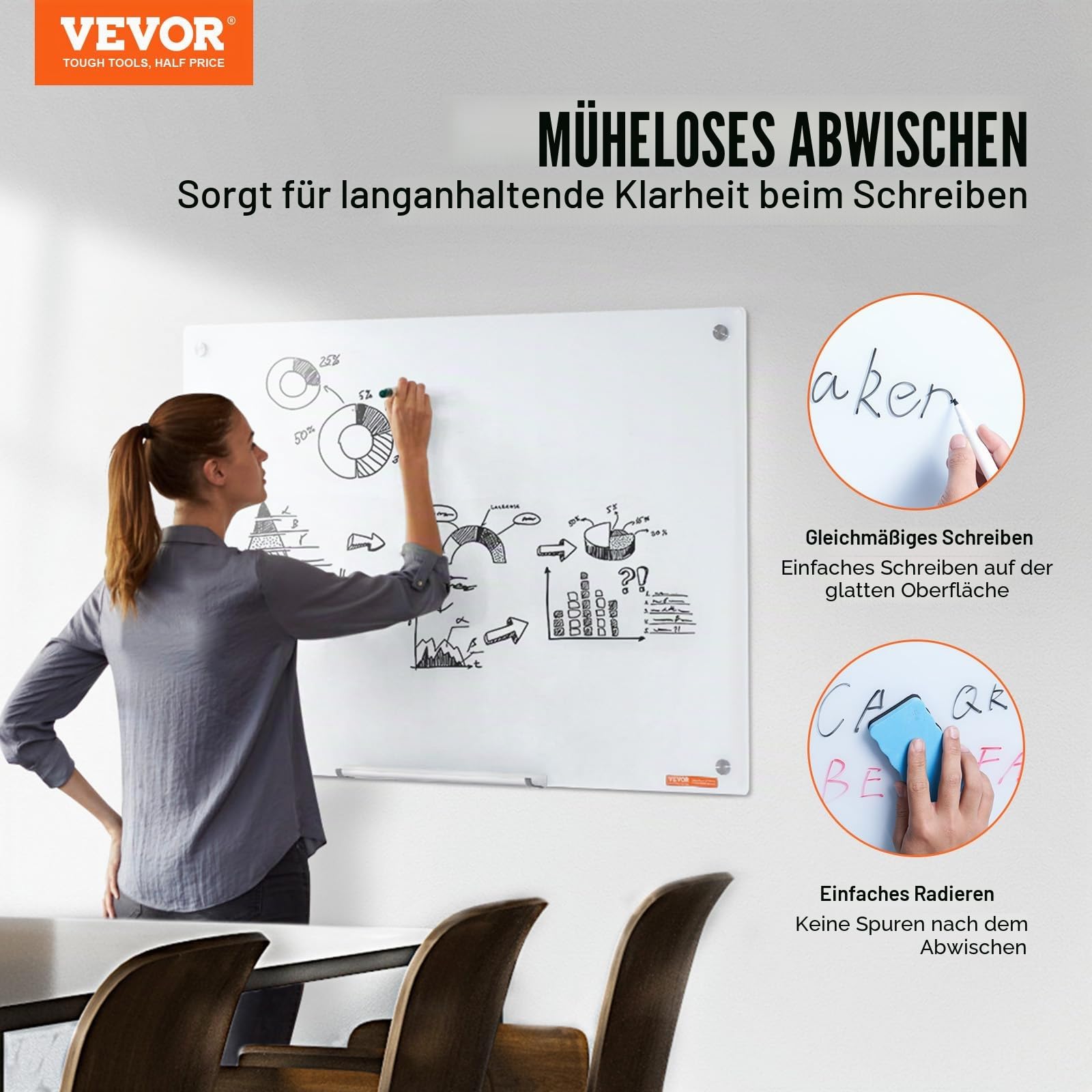 VEVOR Magnetisches Glas-Whiteboard, Wandtafel Trocken Abwischbare Tafel 90 x 60 cm, Wandmontiertes Weißes Glasboard ohne Rahmen, mit Stiftablage, einem Radiergummi& 2 Stiften, Magnettafel Weiß