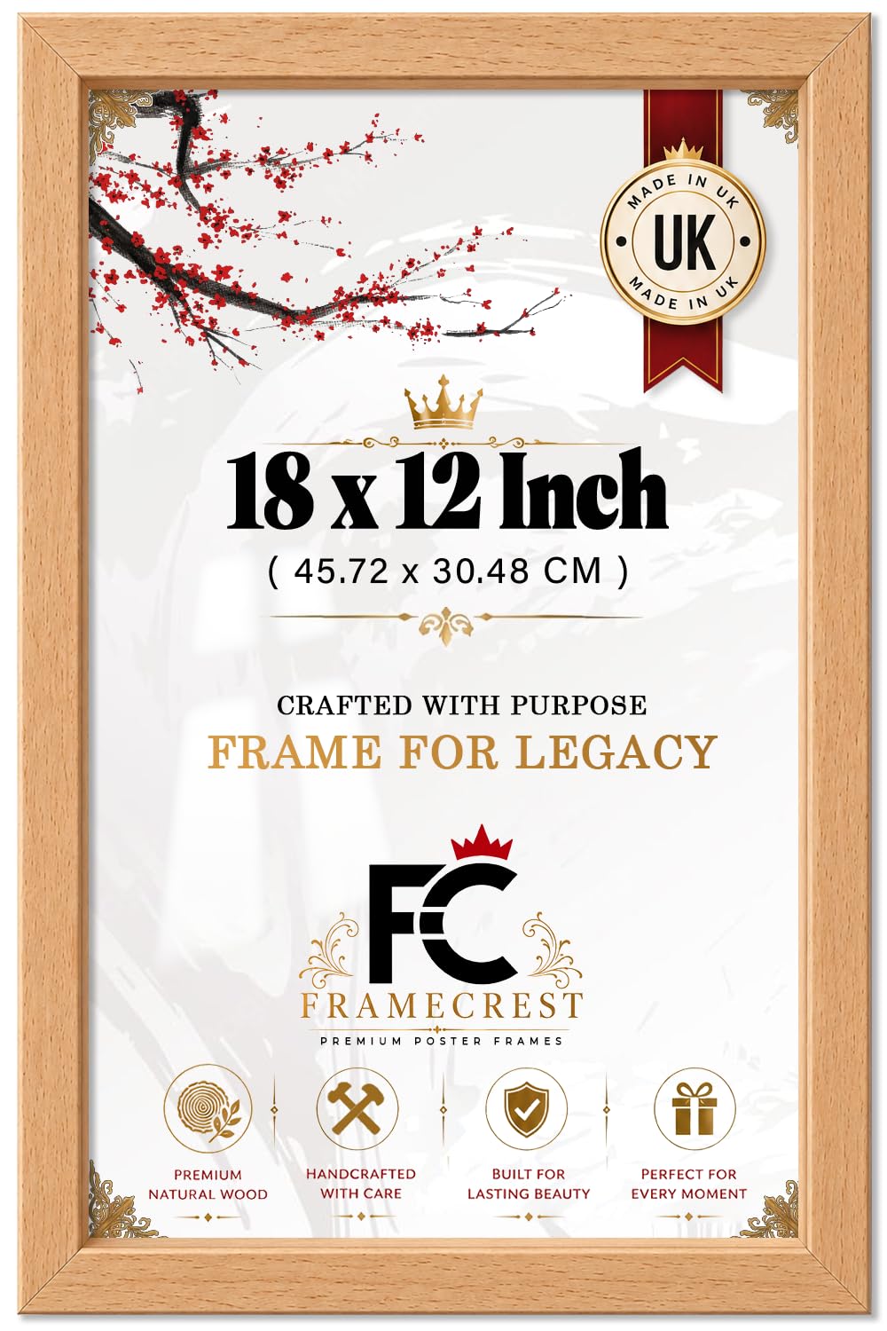 Frame Crest Classic 18x12 Inch Picture Frame - Sleek Beech Wood Finish Photo Frame for Wall Mounting - Versatile Portrait & Landscape Display for Home & Office Décor 45c30cm -[Beech]