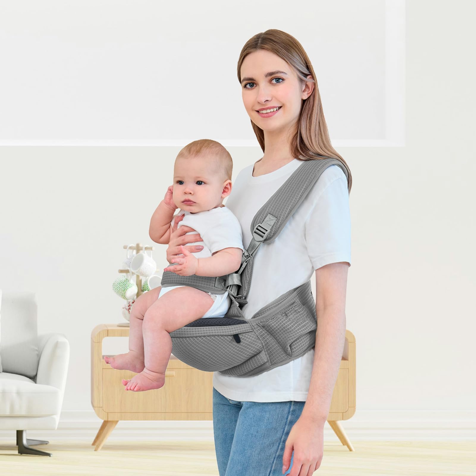 IULONEE Multifuncional Portabebé Asiento De Cadera Portabebés Ergonómico Portador De Bebé Hipseat Portador De Bebe Ergonomico Taburete De Cintura Portabebes Asiento De Cadera Para Bebé (Gris Oscuro)