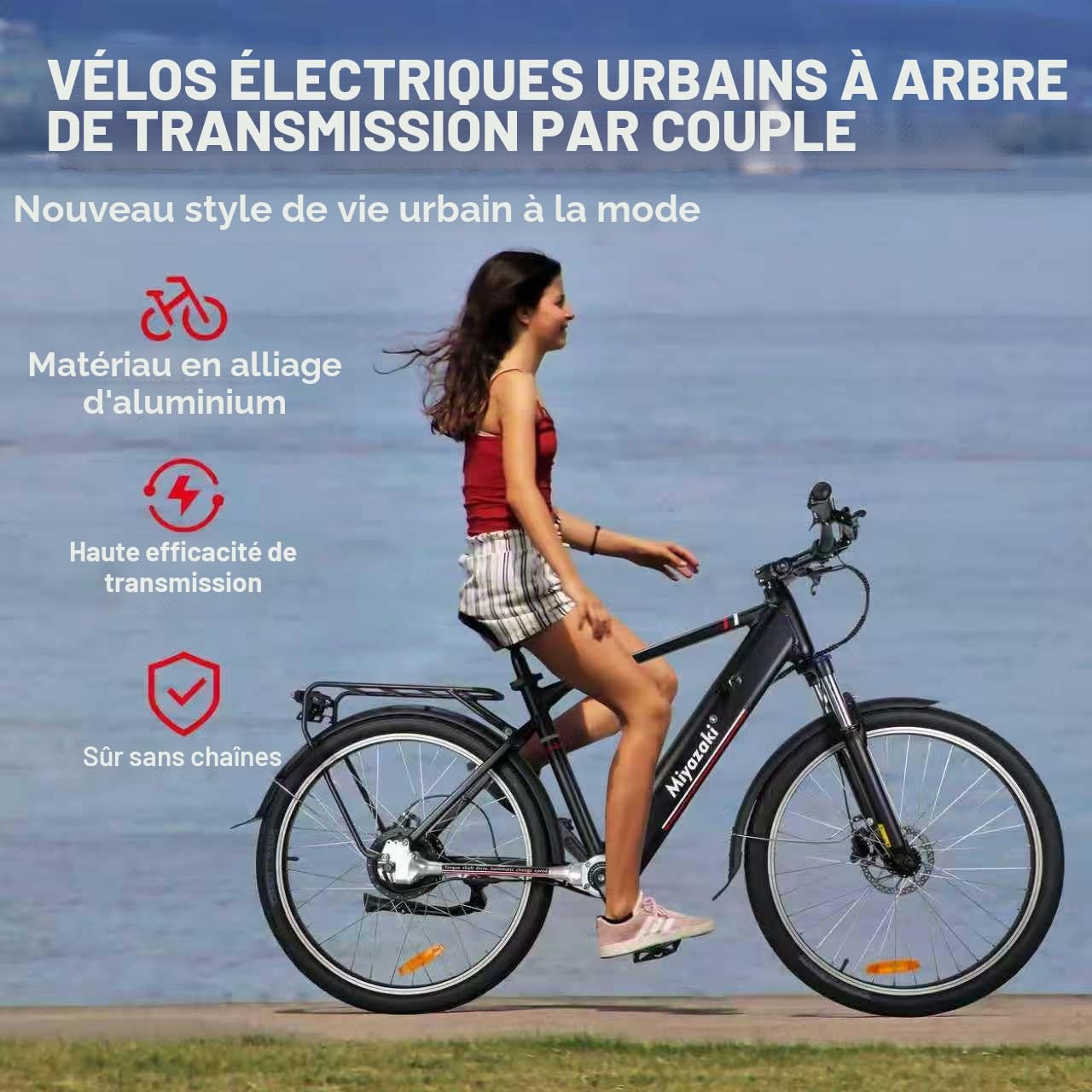 Miyazaki GC1995 Vélo électrique urbain 26" avec entraînement à arbre, capteur de couple, moteur 600 nm, batterie amovible 48 V 14 Ah, jusqu'à 150 KM, zéro entretien, E-bike pour homme et femme
