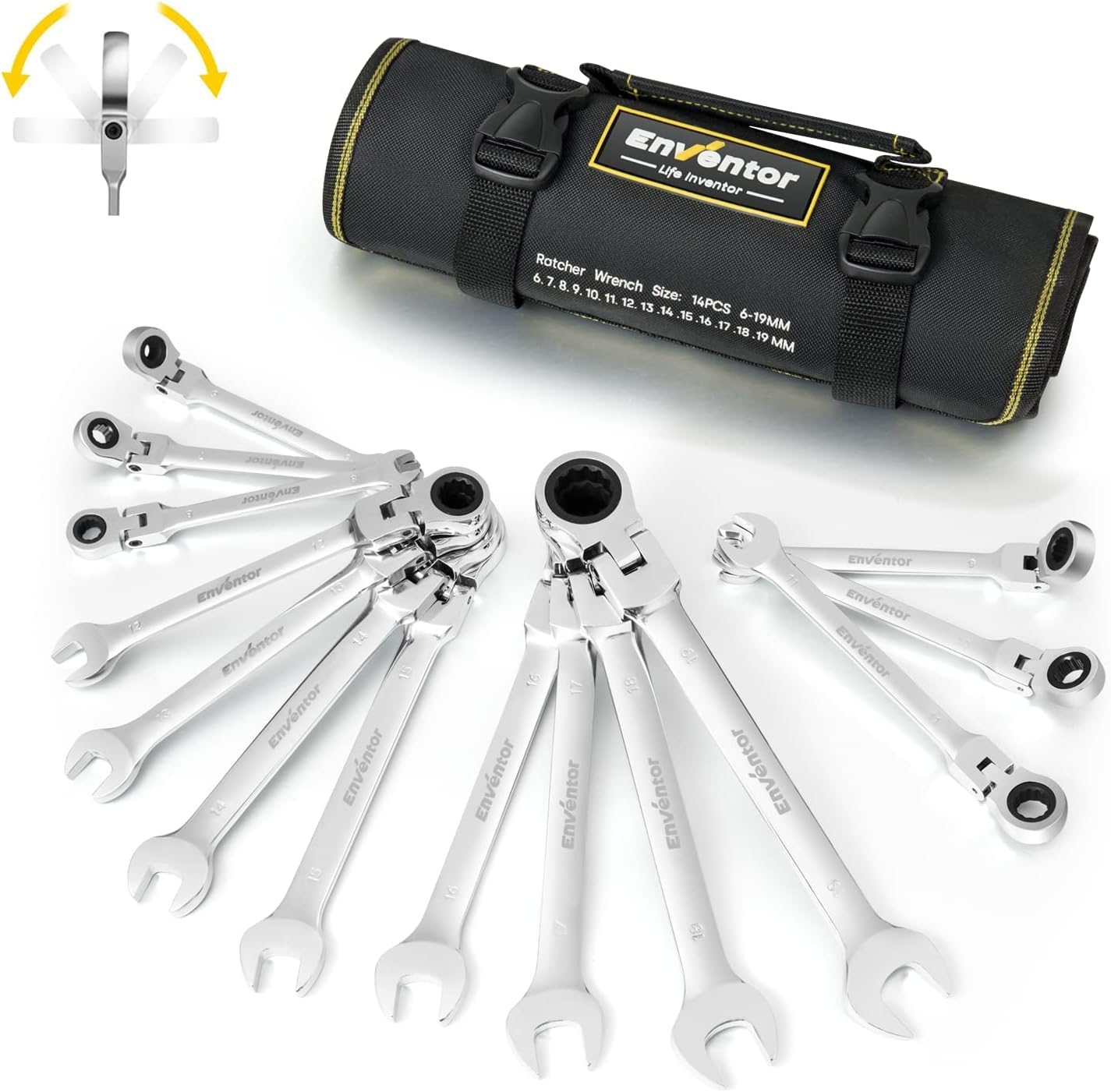 Enventor Set Chiavi a Cricchetto 14 Pezzi, Flessibile Chiave a Cricchetto da Metrico 6mm a 19mm, Acciaio al Cromo Vanadio, 72 Denti, Testa Rotante a 180°, Arco di Rotazione a 5°, Borsa