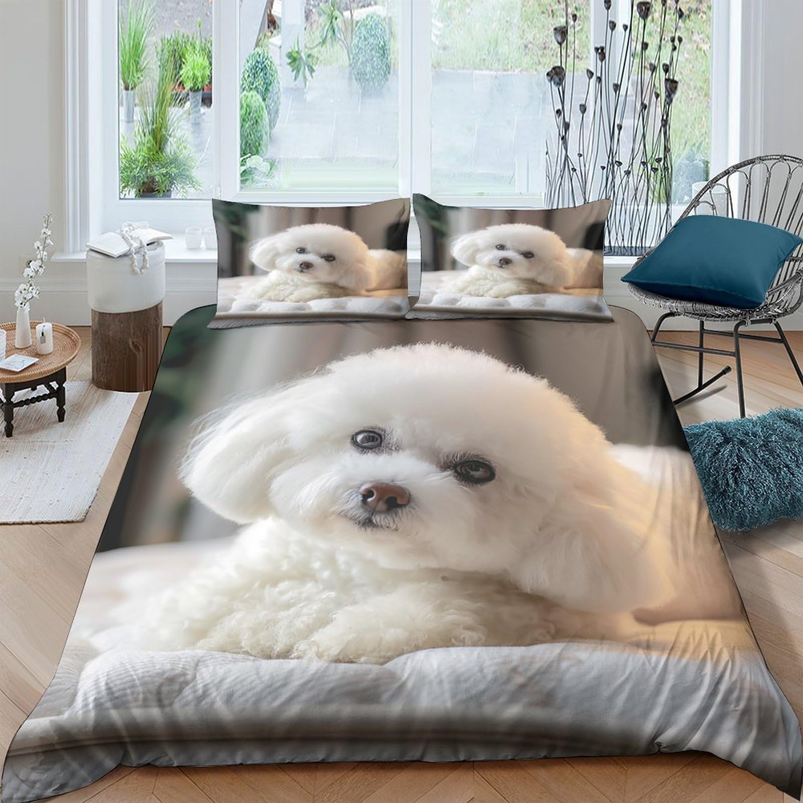 GPLZQXKJNH 3D Printed Fluffy White Dog Duvet Cover Microfiber Soft Breathable Pet Portrait Bedding Set with 2 Pillowcases for Bedroom Decor Single（135x200cm）