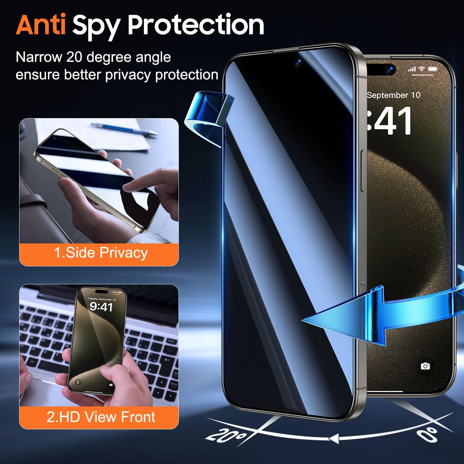 UniqueMe 2 Pack for iPhone 15 Pro Max Privacy Screen Protector - 6.7 inch [Military Grade Shatterproof & 9H+ Hardness] Privacy Screen 15 Pro Max Tempered Glass Full Coverage,Easy to install