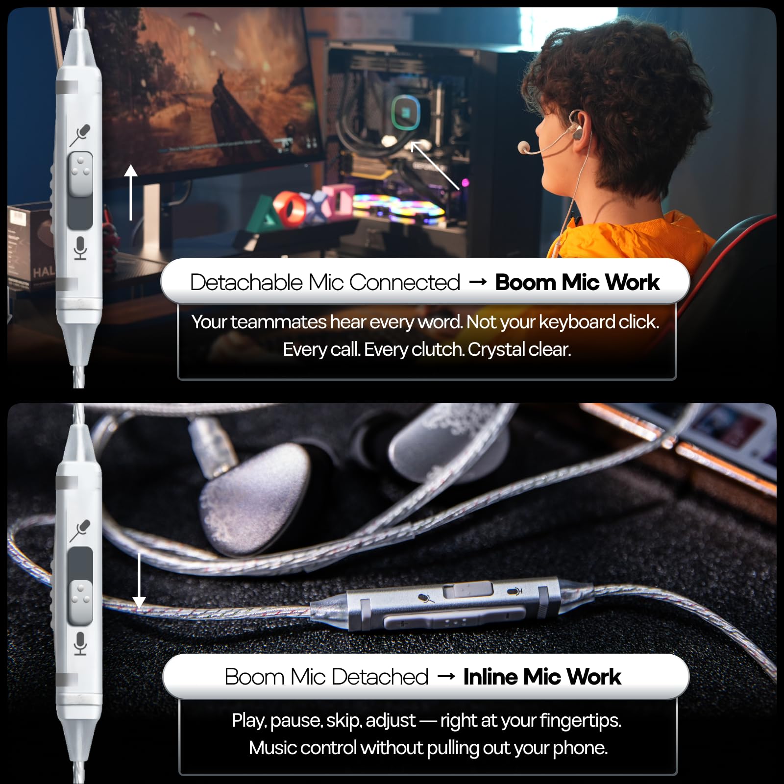 Linsoul Kiwi Ears S-Link Type-C kabel do słuchawek dousznych, kabel do słuchawek gamingowych z DAC+DSP, podwójnym mikrofonem, 3 trybami inteligentnego sterowania (Srebro, 2-pinowy)