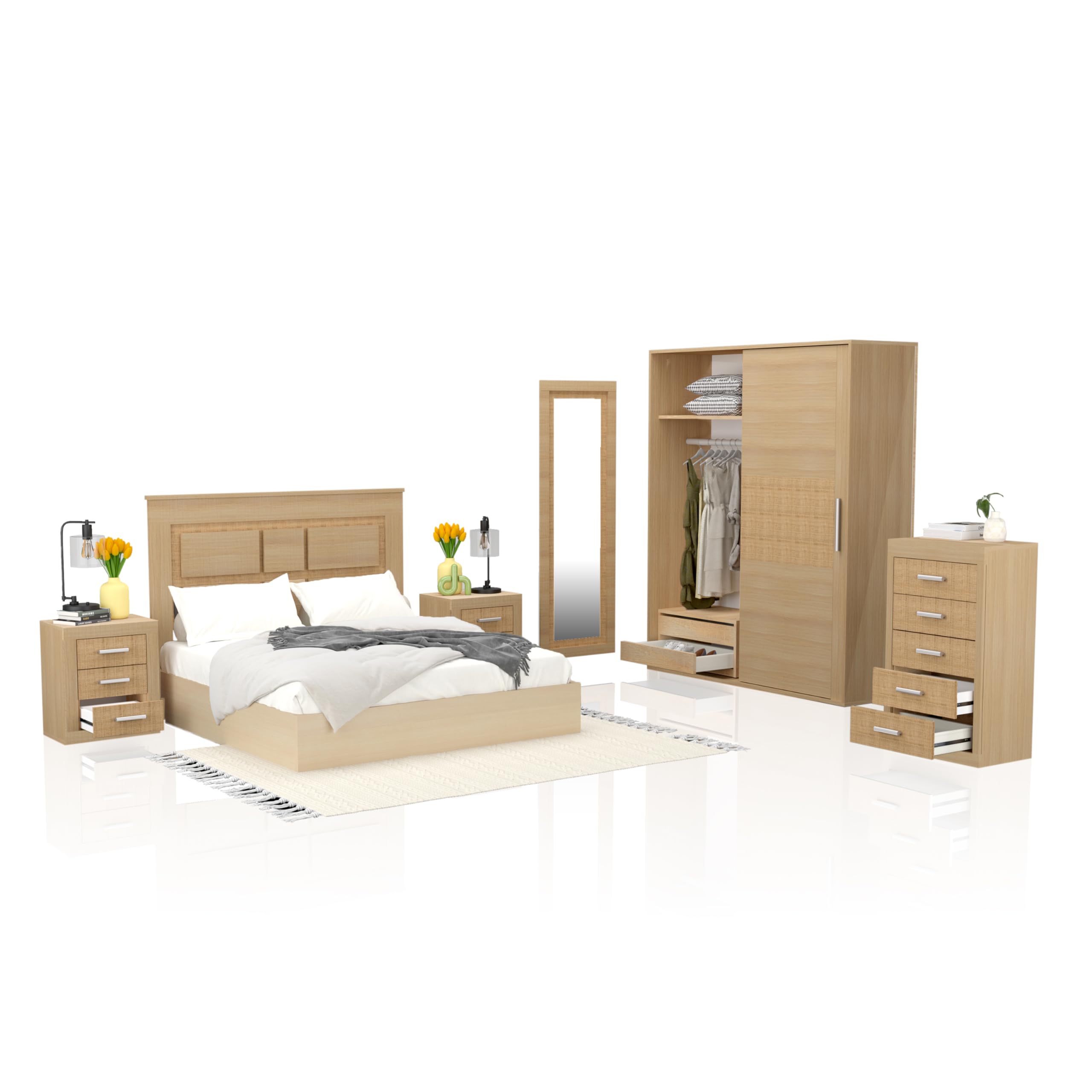 duehome | Pack de Dormitorio con Cabecero + 2 mesitas de Noche + Sinfonier + Espejo + Armario y Cajonera Interior, Dormitorio Completo, Modelo Kira 5c Plus, Acabado en Tofe y Textil