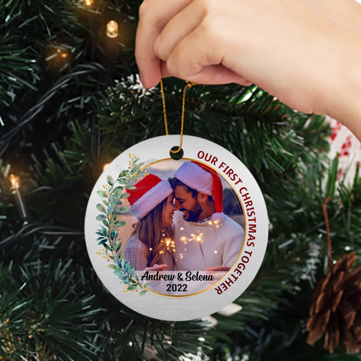 Personalized 2nd Christmas Together Ornament - Custom Photo & Date Glass Ornament For Couples