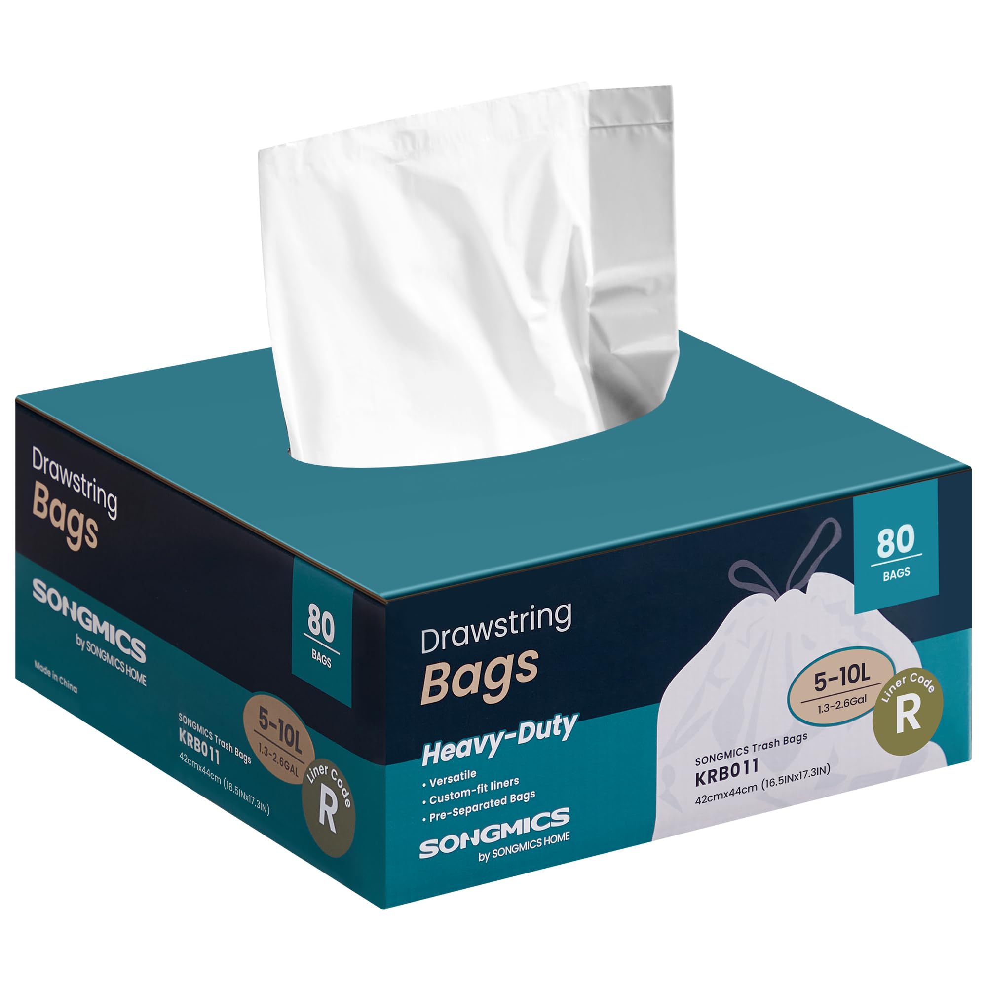 SONGMICS Müllbeutel 10 L, Müllsäcke mit Zugband, insgesamt 80 Stück, Code R, hochbelastbar, Schnellzugriffsbox, cremeweiß KRB011A02