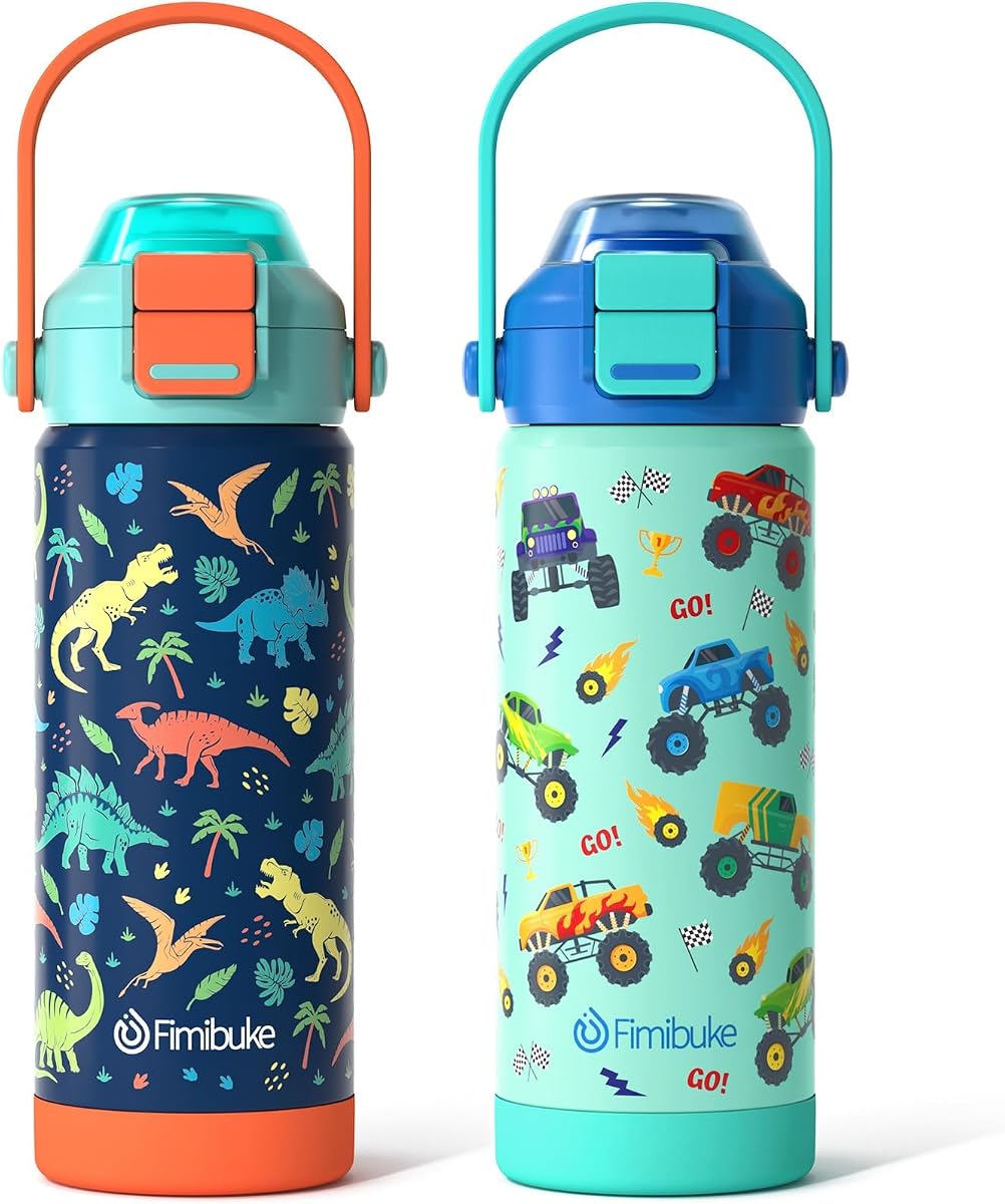 Fimibuke 18oz Kids Insulated Water Bottle with 2-in-1 Straw & Spout Lid | Leak Proof 18/8 Stainless Steel Vacuum Tumbler with Pop-Open Lid, BPA-Free Kids Cup for Travel School Girl Boy Toddler 2 Pack