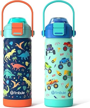 Fimibuke 18oz Kids Insulated Water Bottle with 2-in-1 Straw & Spout Lid | Leak Proof 18/8 Stainless Steel Vacuum Tumbler with Pop-Open Lid, BPA-Free Kids Cup for Travel School Girl Boy Toddler 2 Pack