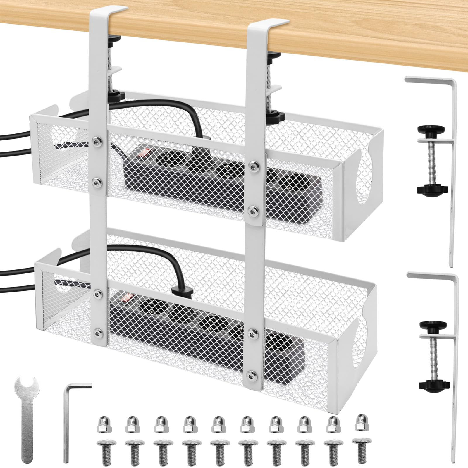 YTACREA Two Layer Under Desk Cable Management Tray, Desk PC Cable Tidy Box with Clamp Mount
