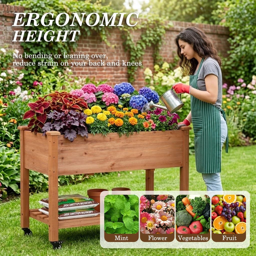 Raised Garden Bed with Lockable Wheels, 48x24x32 inch Elevated Wood Planter with Storage Shelf Protective Liner for Vegetable Flower Herb Outdoor Balcony Patio Backyard, Brown