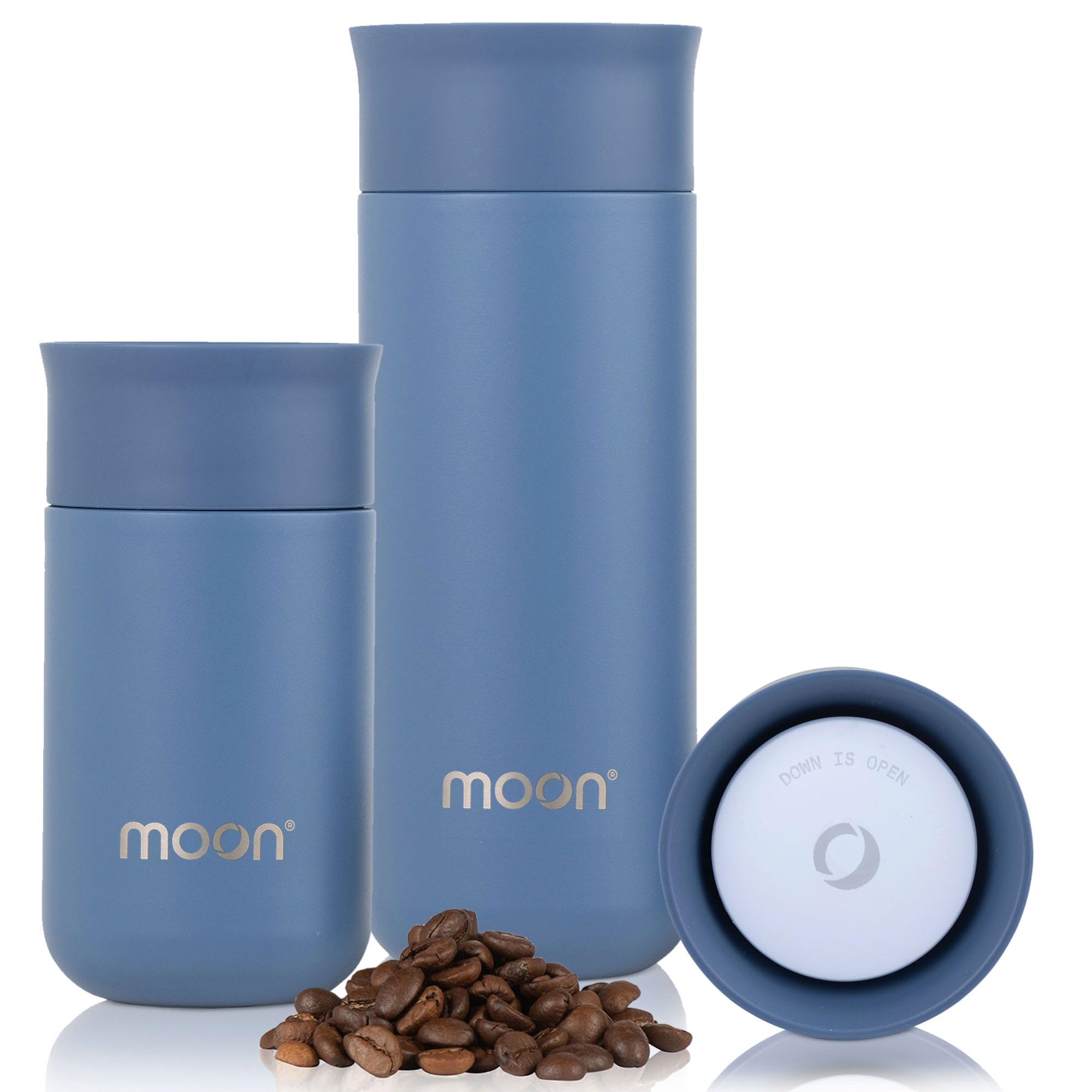 Moon 360° Insulated Travel Mugs, Leak Proof Reusable Coffee Cups - Pro Version for Performance & Easy Clean - Leakproof Flask for Hot & Cold Drinks - Fits Car Cup Holders, UK Company (500ml, Blue)