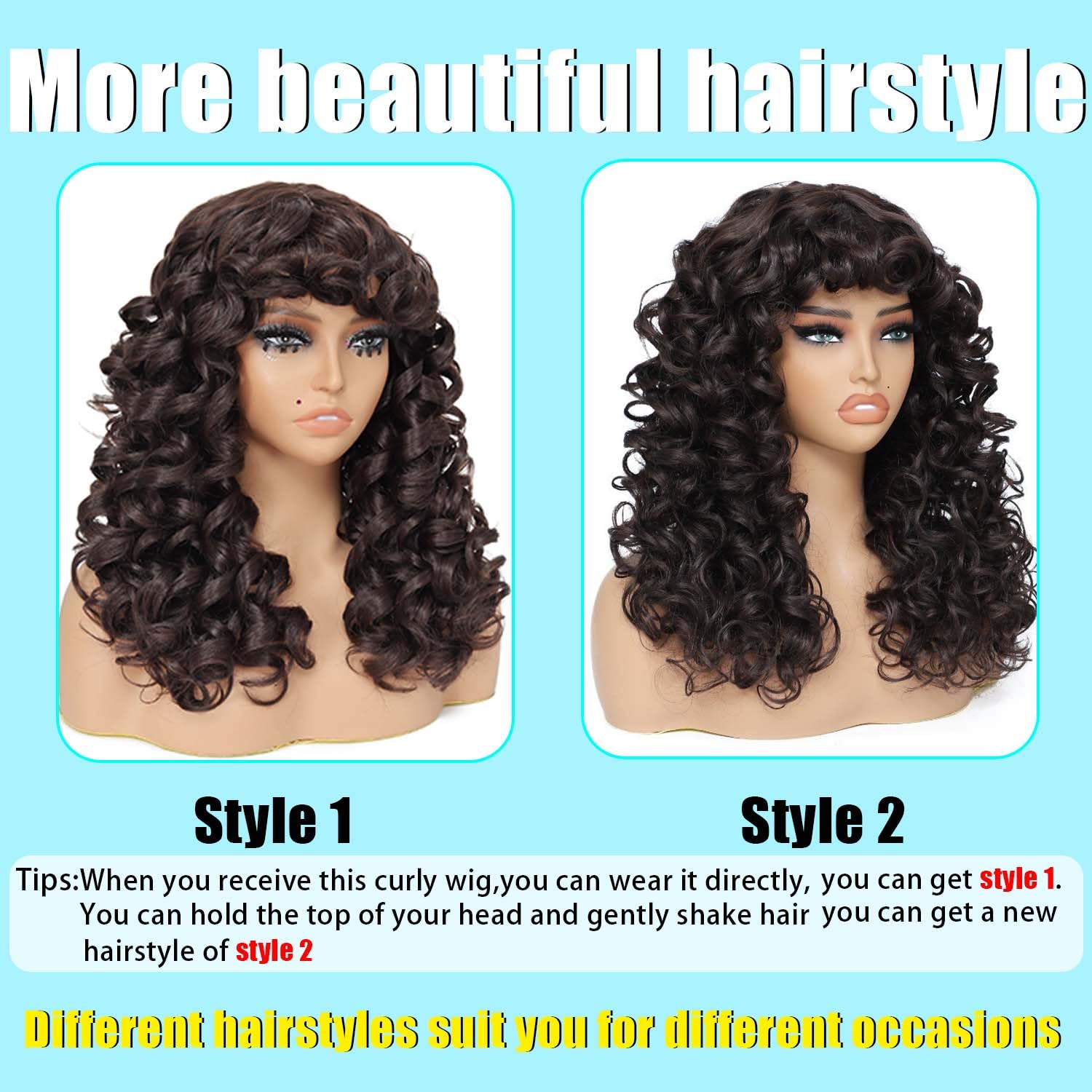 GKtineke-Curly-Wig Big-Curly-Wigs-for-White-Black-Women 20 Inch- Long-Curly-Wig-with-Bangs Synthetic-Hair-Replacement-Wigs-for- Cosplay and Daily(Ombre Ginger… (Brown) - Image 4