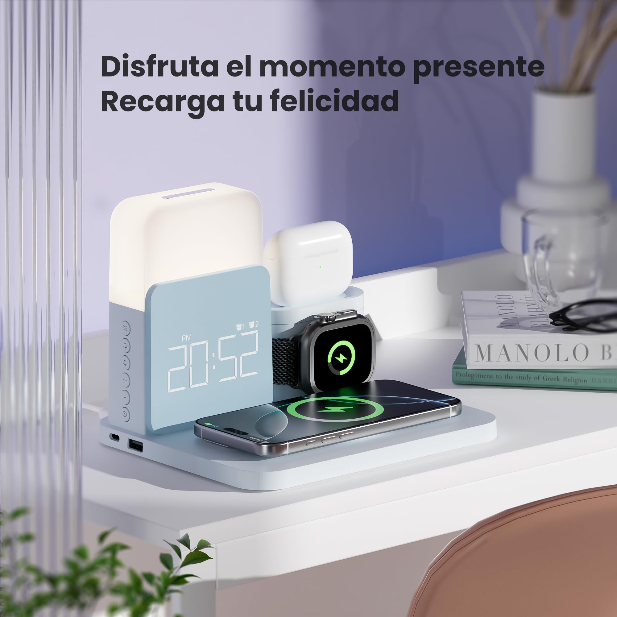 COLSUR Estación de Carga 7 en 1 para Apple Watch iPhone Airpods Cargador inalámbrico rápido de 15W para iPhone 17/16/15/14/13 lámpara de Noche con función de Carga Despertador Azul
