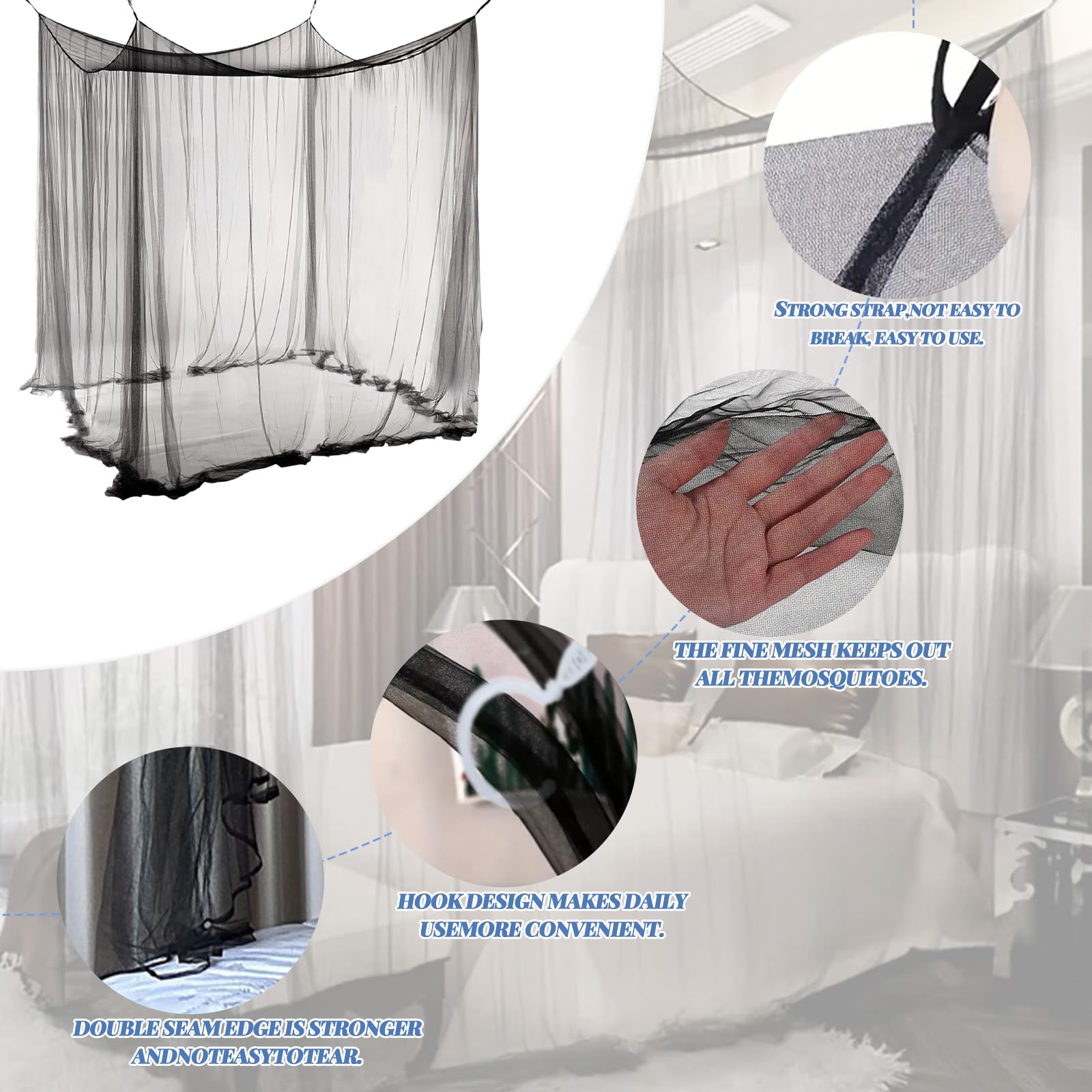 ACTOYS Zanzariera Letto, Zanzariera Quadrata Grandi Dimensioni, Universale Zanzariera per Letto Singolo Matrimoniale,Zanzariera Baldacchino per Terrazzo Gazebo Tenda da Sole Campeggio (Nero-1 porta)