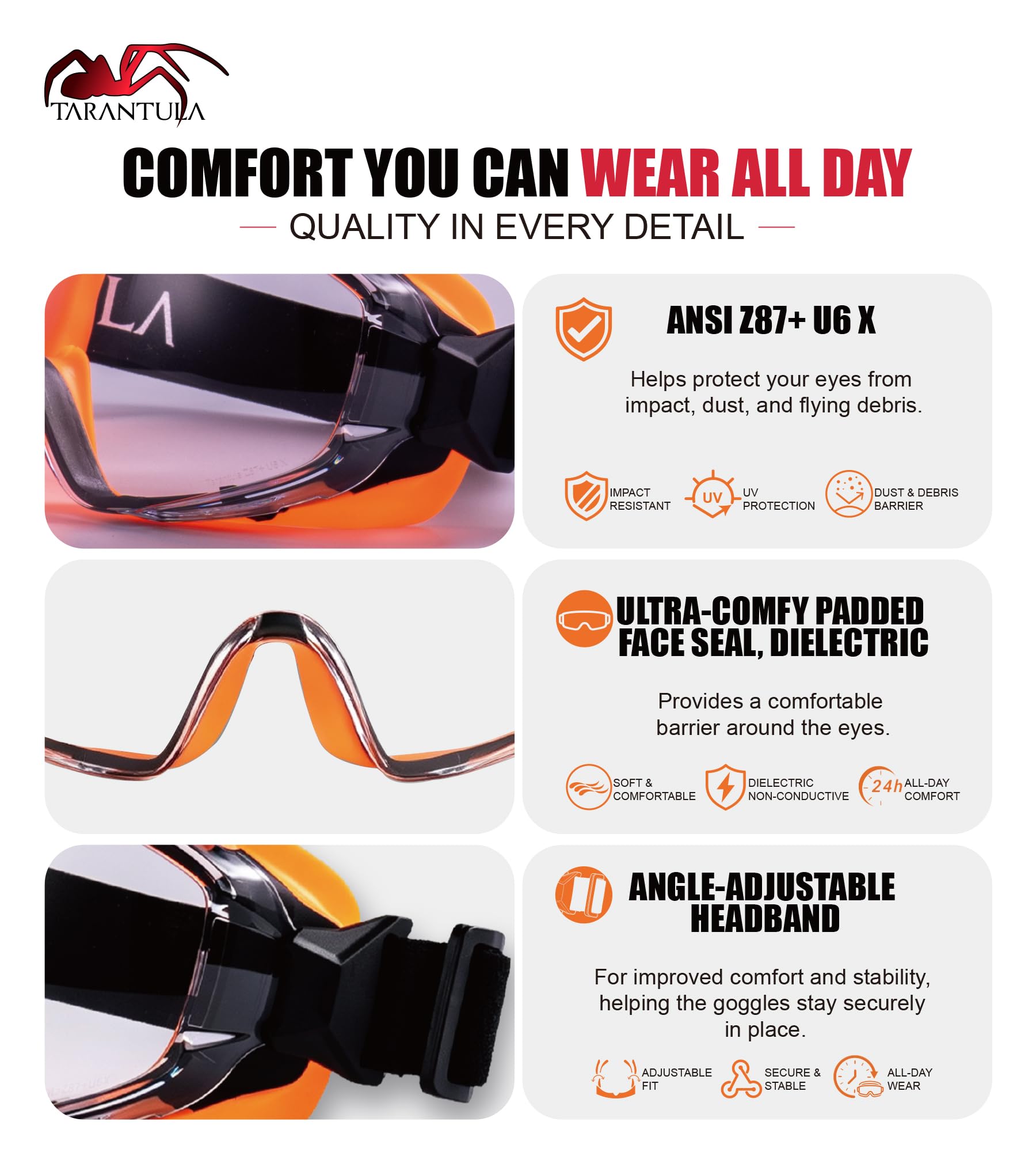 Tarantula ANSI Z87.1+ - Gafas de seguridad sobre gafas, lentes UV380 antivaho y antiarañazos, correa ajustable, protección ocular de alto impacto para laboratorio, carpintería y bricolaje