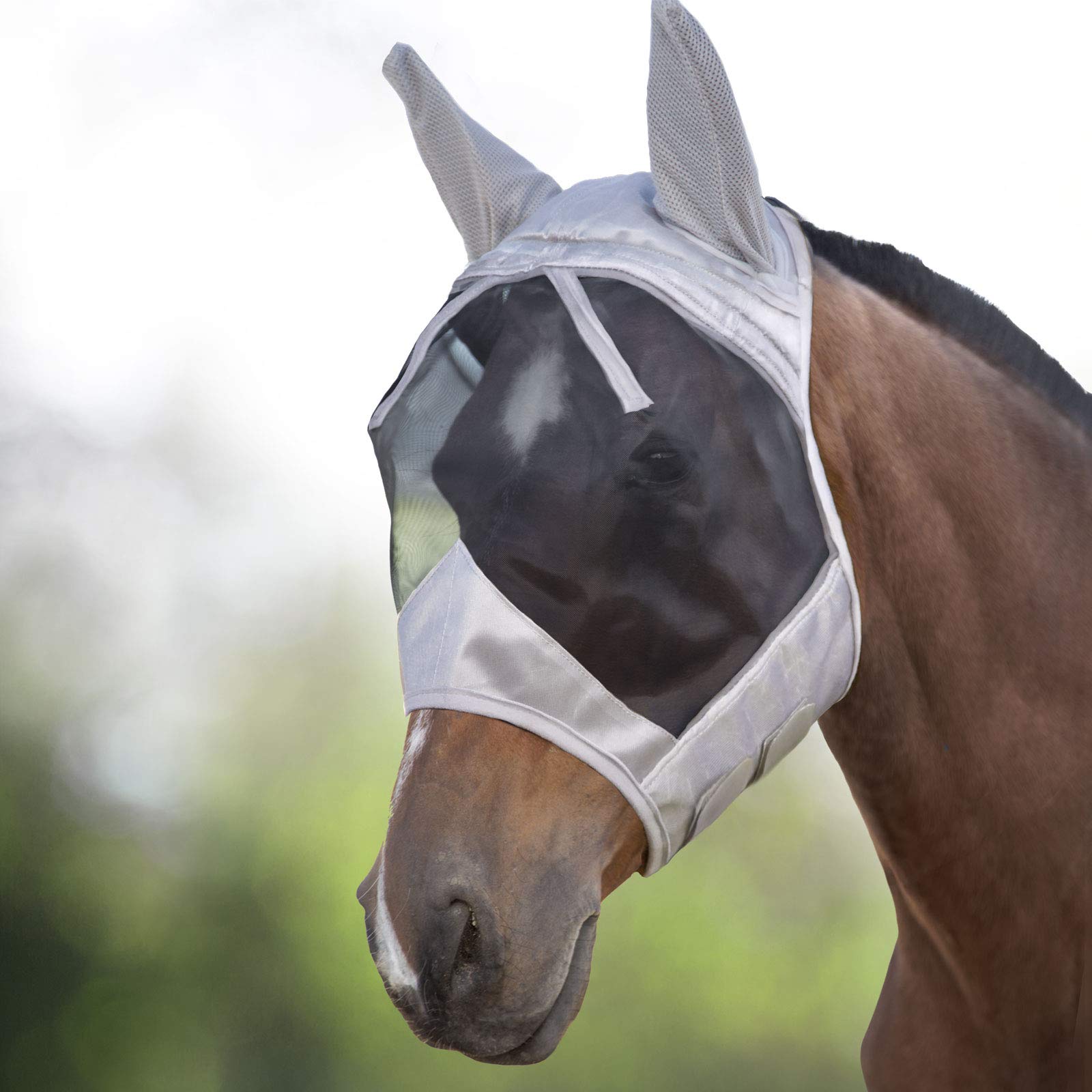 Harrison Howard CareMaster Midge-proof Fleece Padding Horse Fly Mask Half Face with Ears Silver/Black Retro XL Extra Full Size