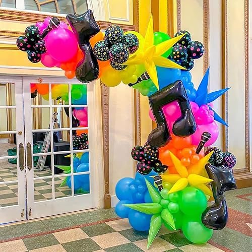 Miniatura 3 de Decoraciones de fiesta con temática musical de neón, 165 globos que brillan en la oscuridad con gafas de radio de bola de discoteca retro, globos de