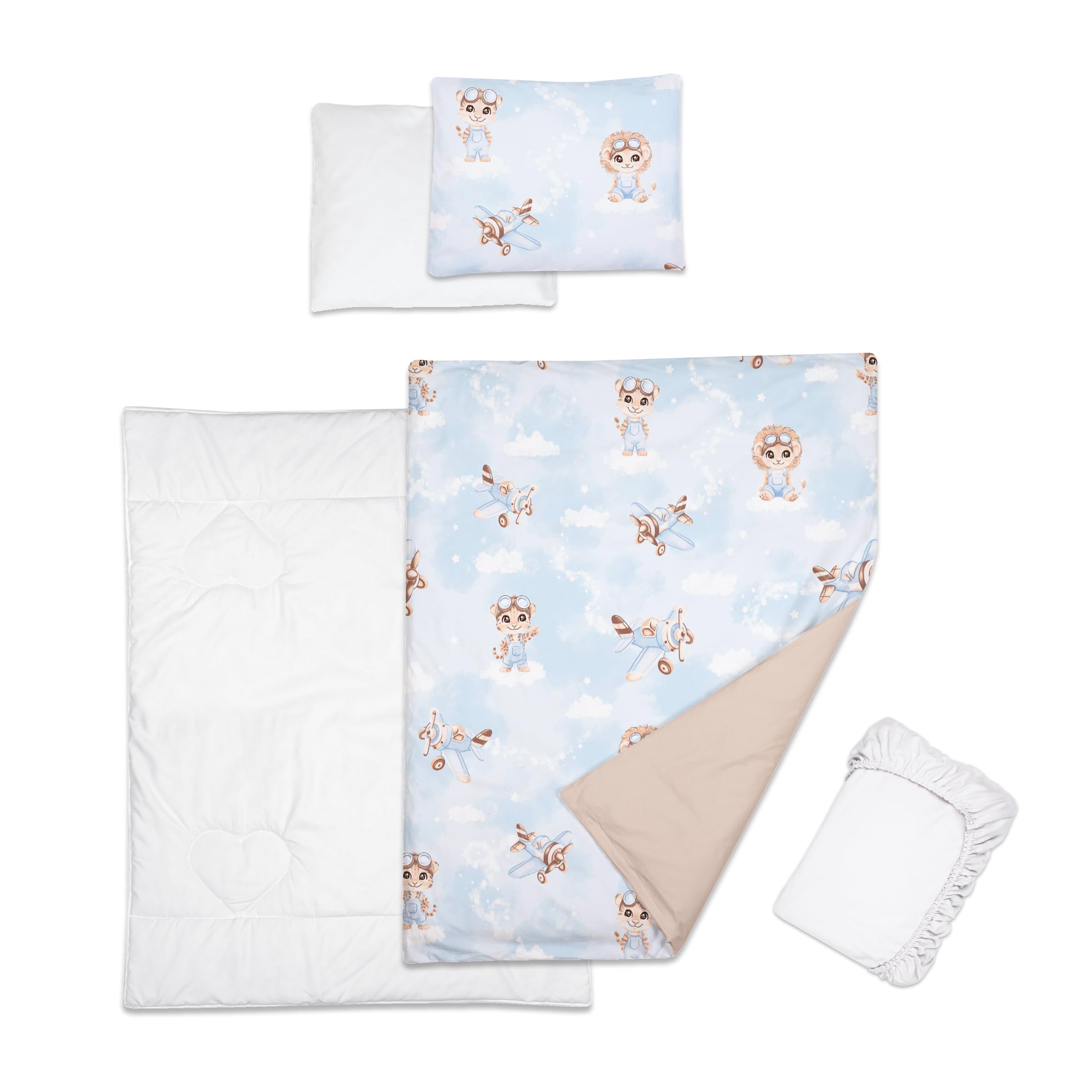 Baby Comfort 5 Piece Toddler Bedding Duvet Pillow with Covers & Jersey Sheet fits 83x50cm Co-sleeper Crib 12M+ (Tigers pilots)