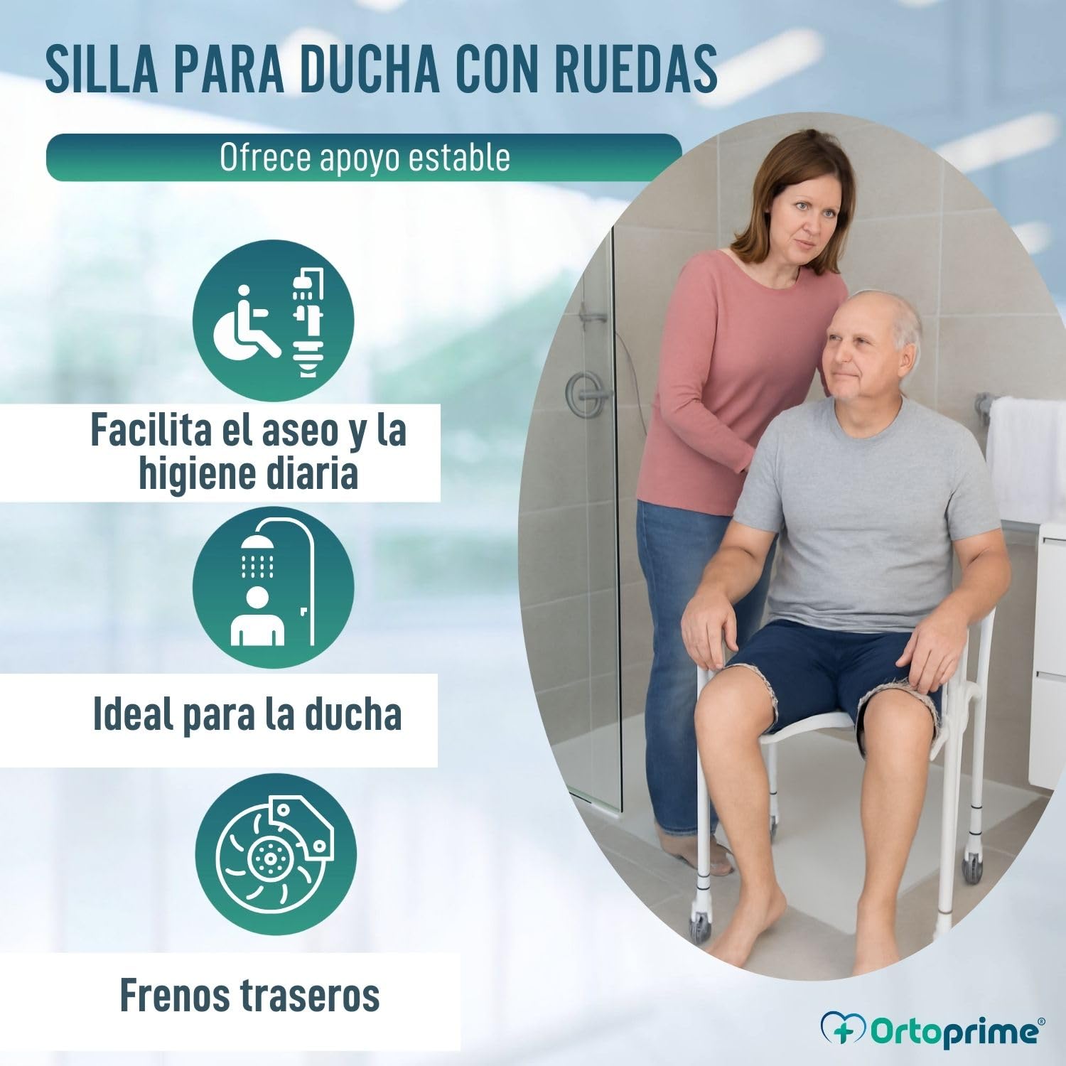 OrtoPrime Silla Ducha Personas Mayores Forma U con Ruedas Silla Baño Adultos Plegable - Silla Ducha Mayores Ortopédica - Silla de Baño Taburete Ducha para Mayores con Respaldo Altura Regulable