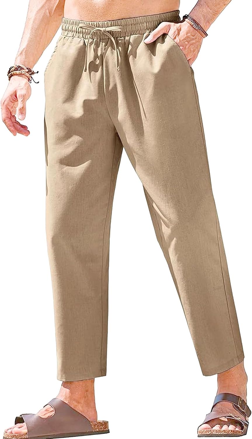 Men's Basic Cotton Liene Loose Fit Pants Elasitc Waist Lightweight Summer Trousers Casual Solid Yoga Beach Pants