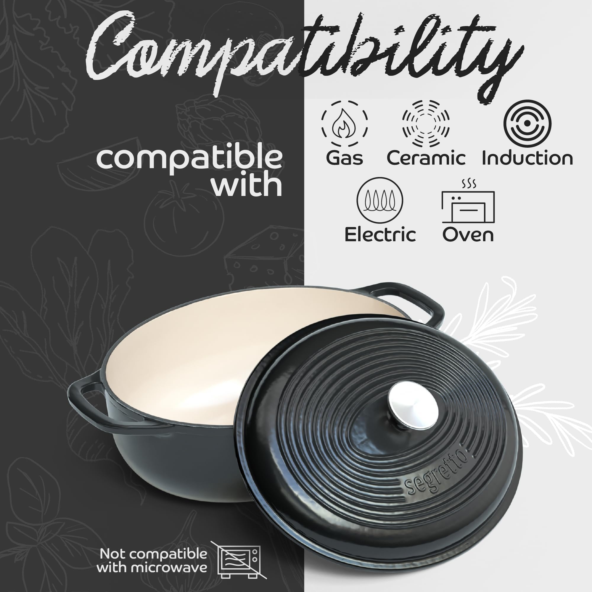 Segretto Cookware Enameled Oval Cast Iron Dutch Oven with Handle, 7