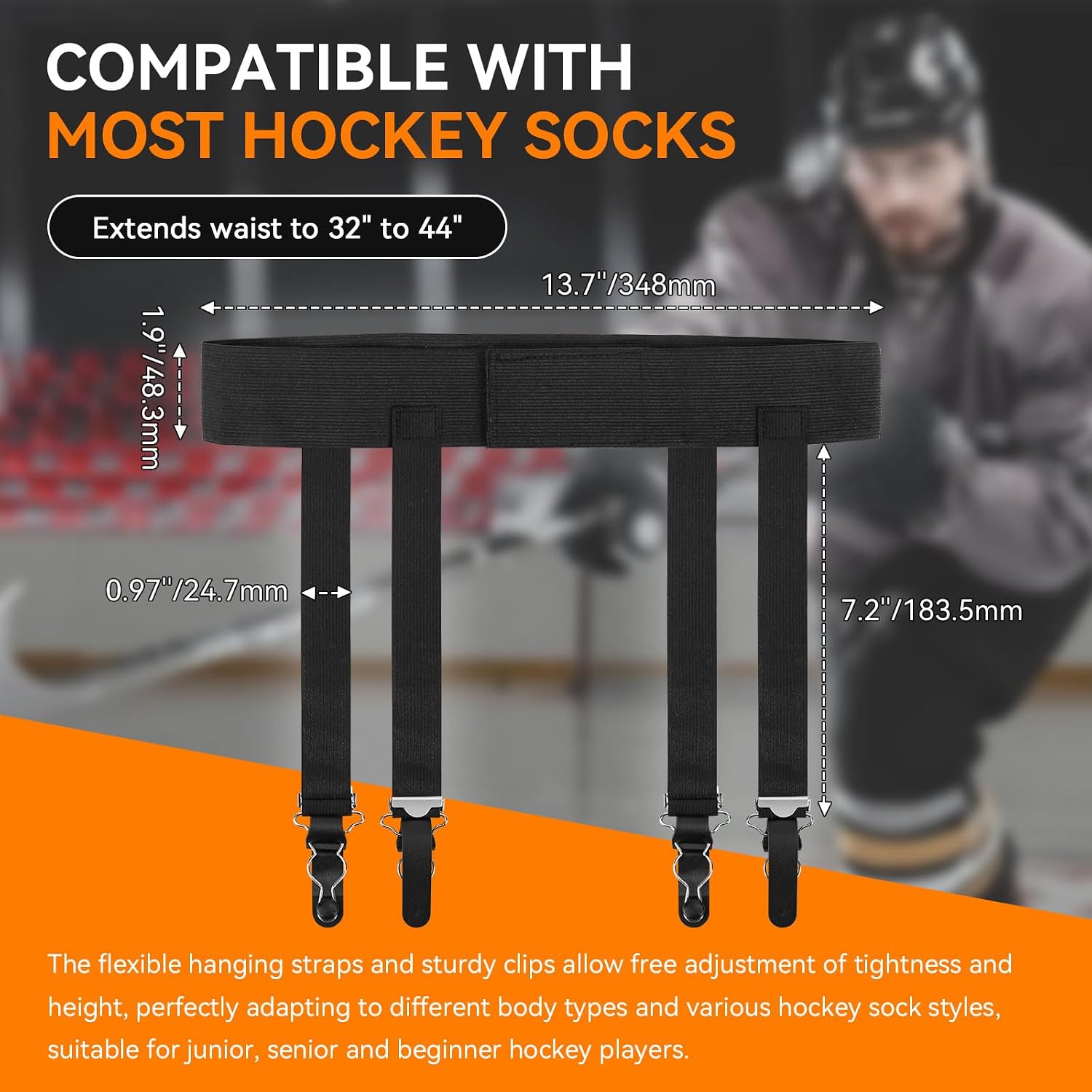 Ice Hockey Garter Belt Adult 32" - 44", Senior Hockey Sock Garter Belt | Heavy Woven Elastic Sports Garter Belts with 4 Clips for Ice Skating, Figure Skating - Black